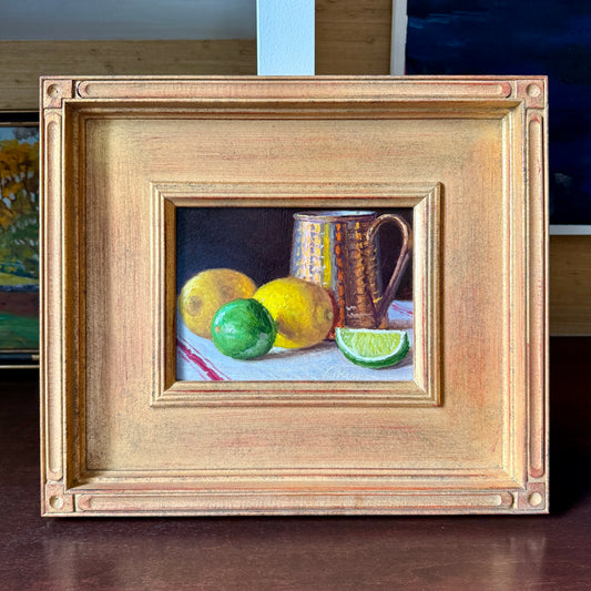 Lemons and Limes with Copper Mug Realist Still Life Oil Painting in Gold Frame