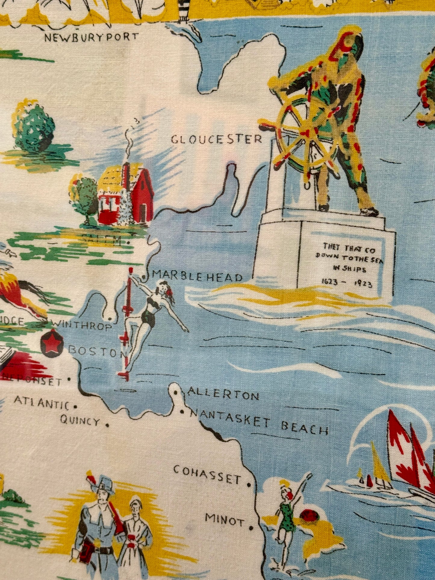 XL Vintage Cape Cod Nantucket Martha's Vineyard Shores of Historical Massachusetts Textile Map in Gold Frame