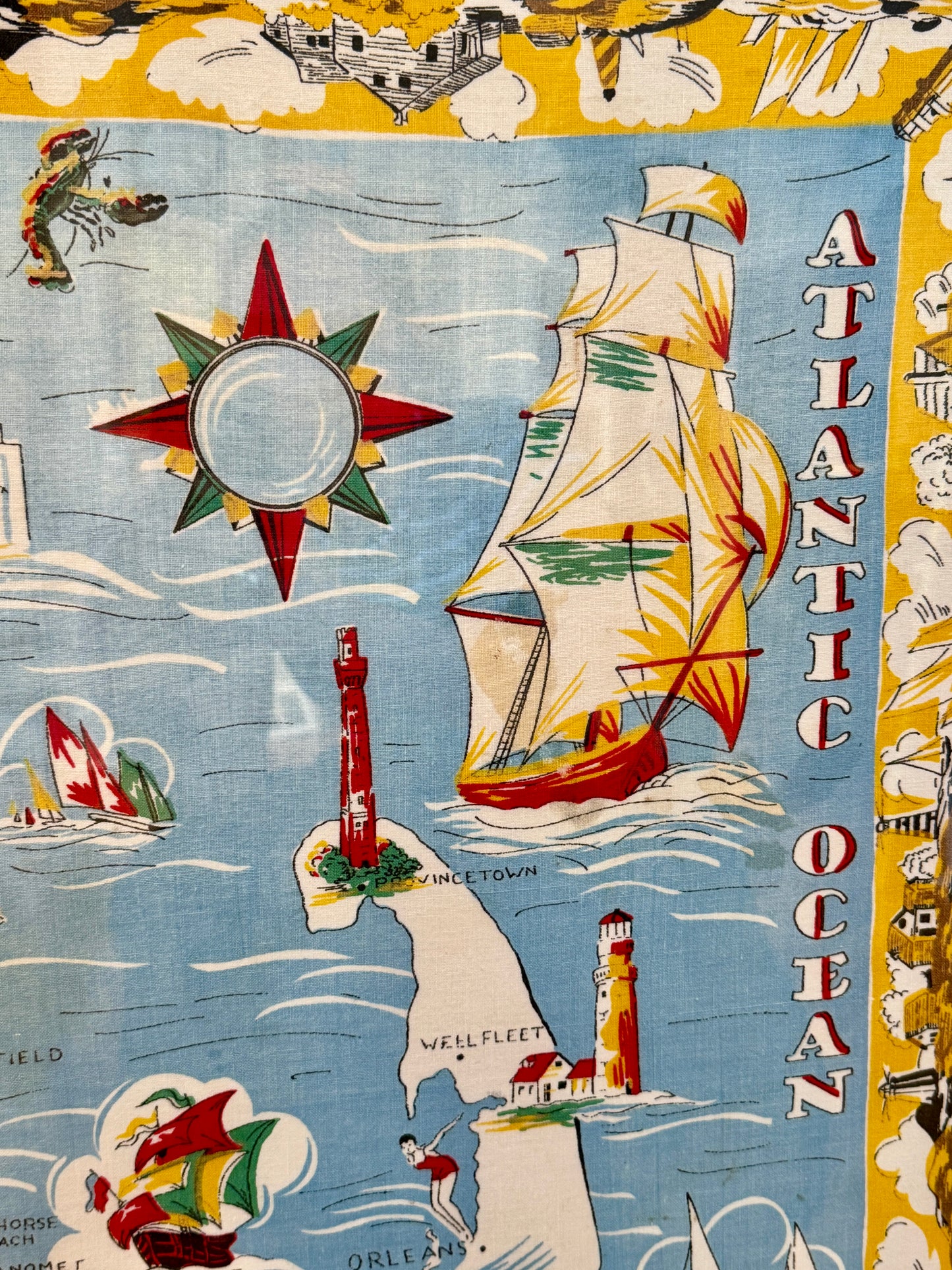 XL Vintage Cape Cod Nantucket Martha's Vineyard Shores of Historical Massachusetts Textile Map in Gold Frame