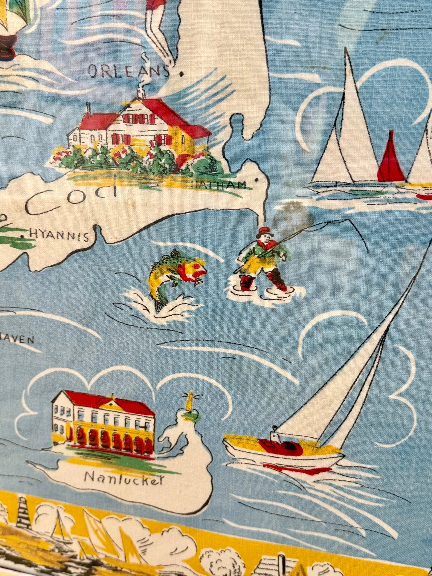 XL Vintage Cape Cod Nantucket Martha's Vineyard Shores of Historical Massachusetts Textile Map in Gold Frame