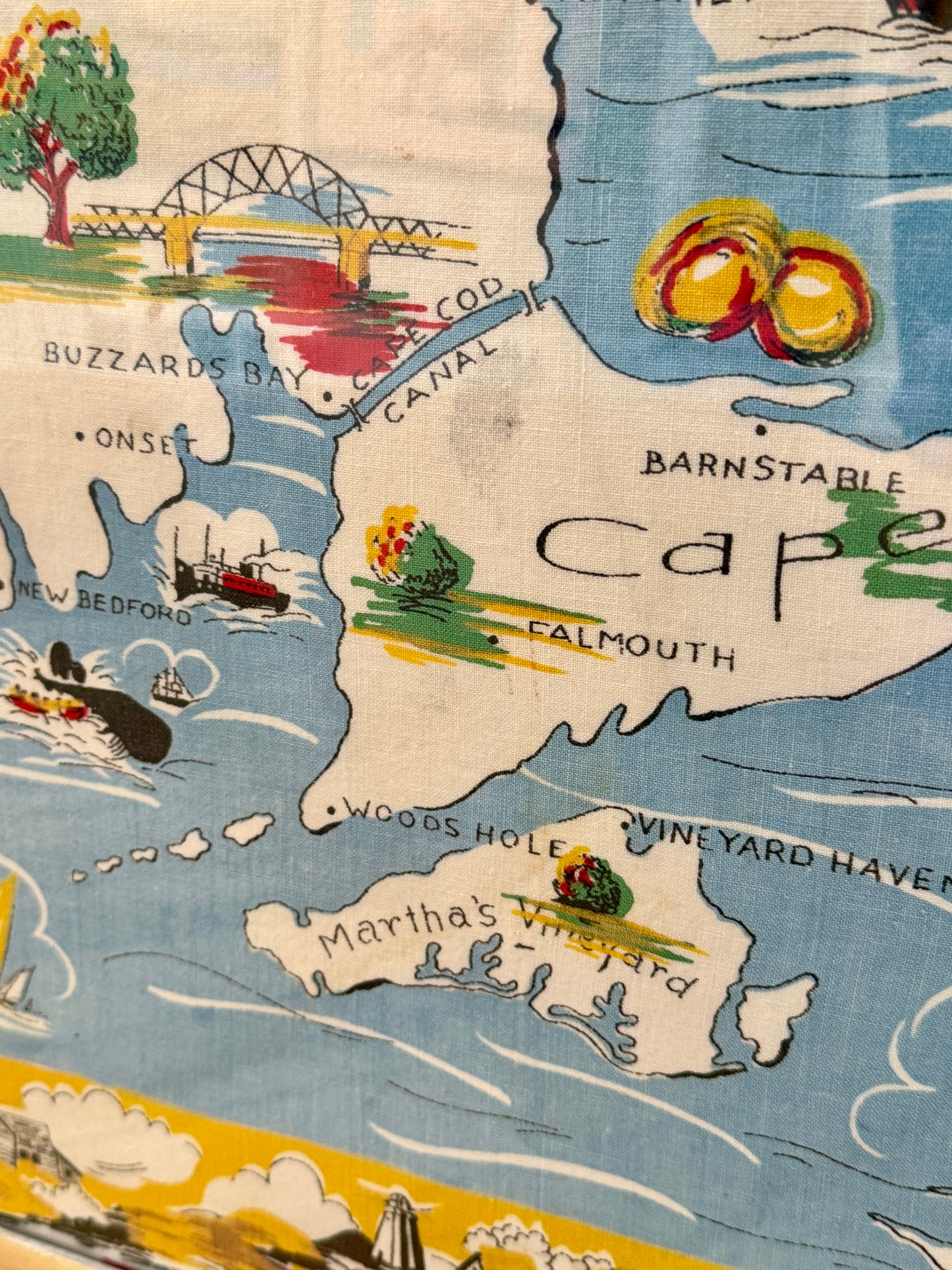 XL Vintage Cape Cod Nantucket Martha's Vineyard Shores of Historical Massachusetts Textile Map in Gold Frame