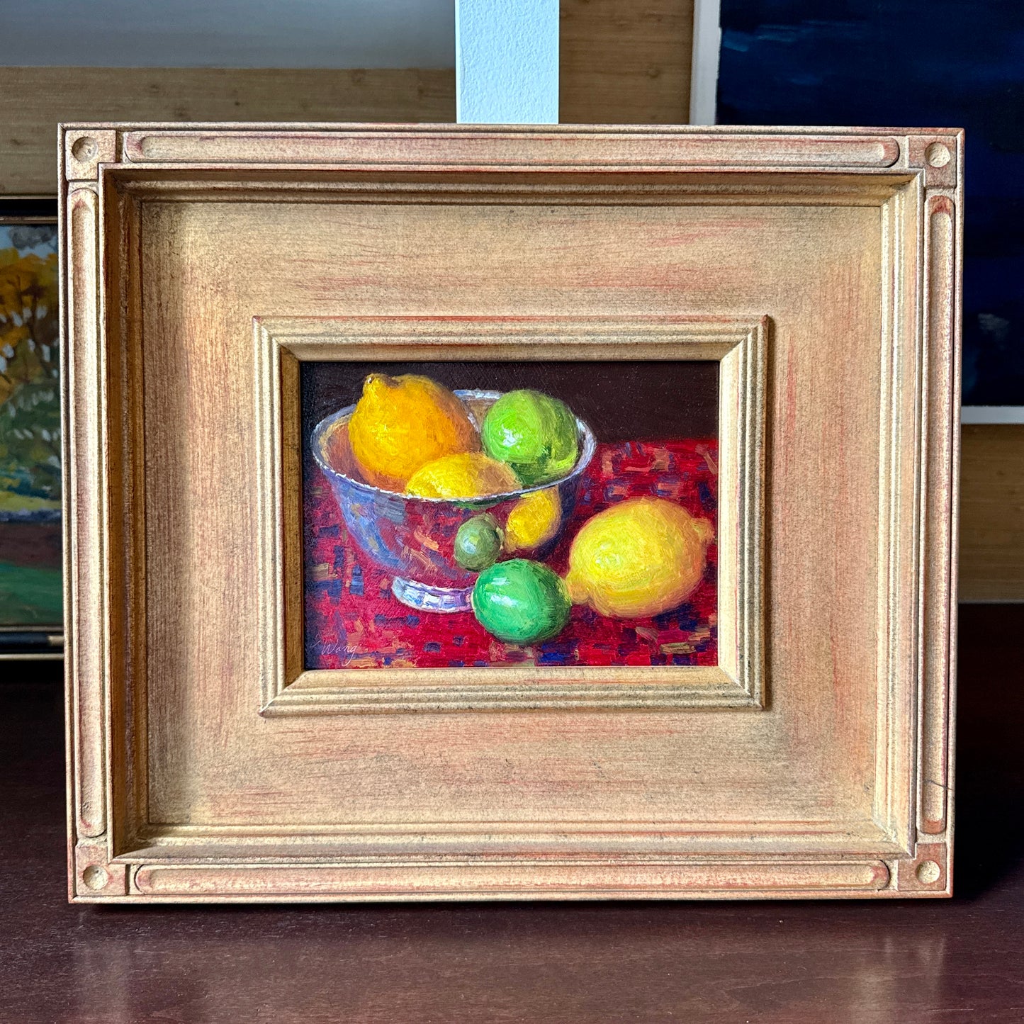 Lemons and Limes in Silver Bowl on Red Tablecloth Still Life Oil Painting in Gold Frame