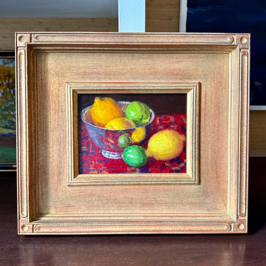Lemons and Limes in Silver Bowl on Red Tablecloth Still Life Oil Painting in Gold Frame