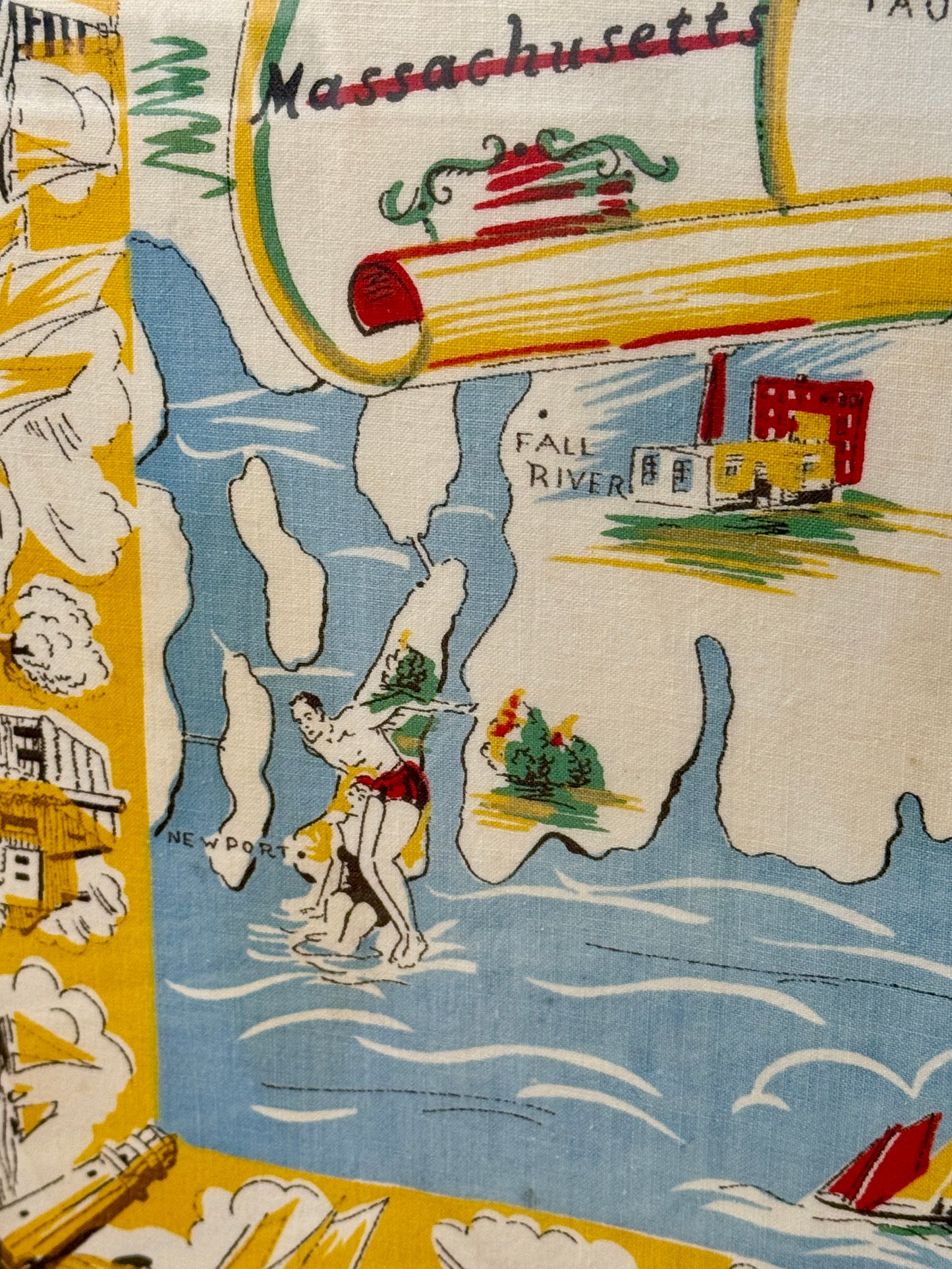 XL Vintage Cape Cod Nantucket Martha's Vineyard Shores of Historical Massachusetts Textile Map in Gold Frame