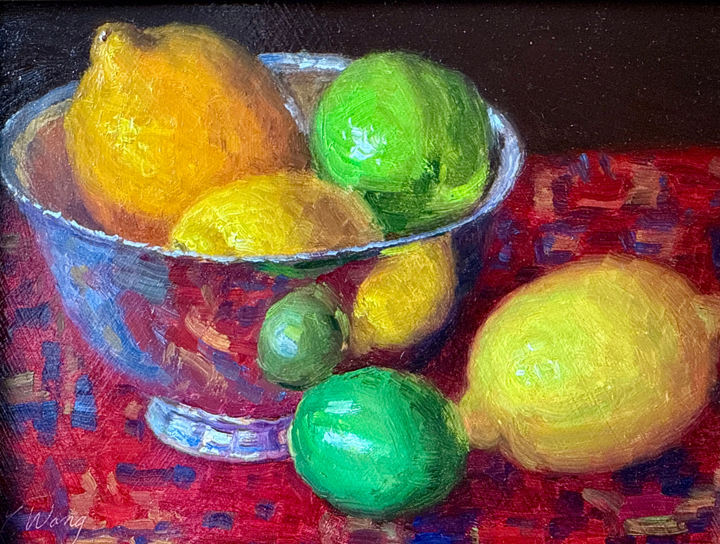 Lemons and Limes in Silver Bowl on Red Tablecloth Still Life Oil Painting in Gold Frame