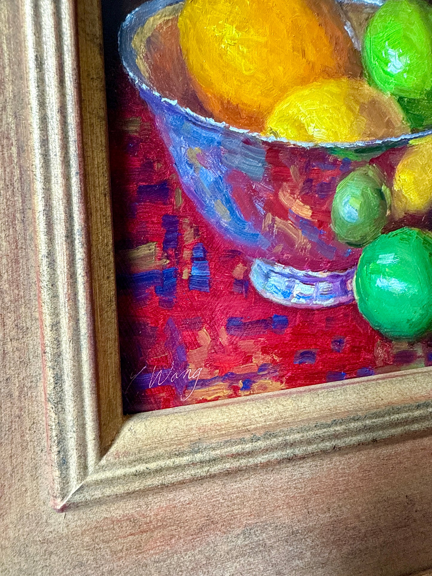 Lemons and Limes in Silver Bowl on Red Tablecloth Still Life Oil Painting in Gold Frame