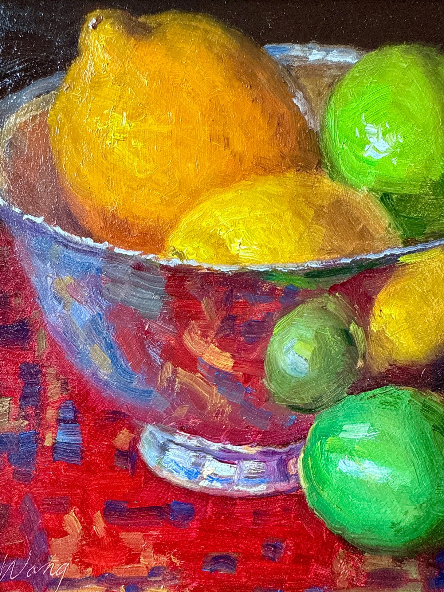 Lemons and Limes in Silver Bowl on Red Tablecloth Still Life Oil Painting in Gold Frame