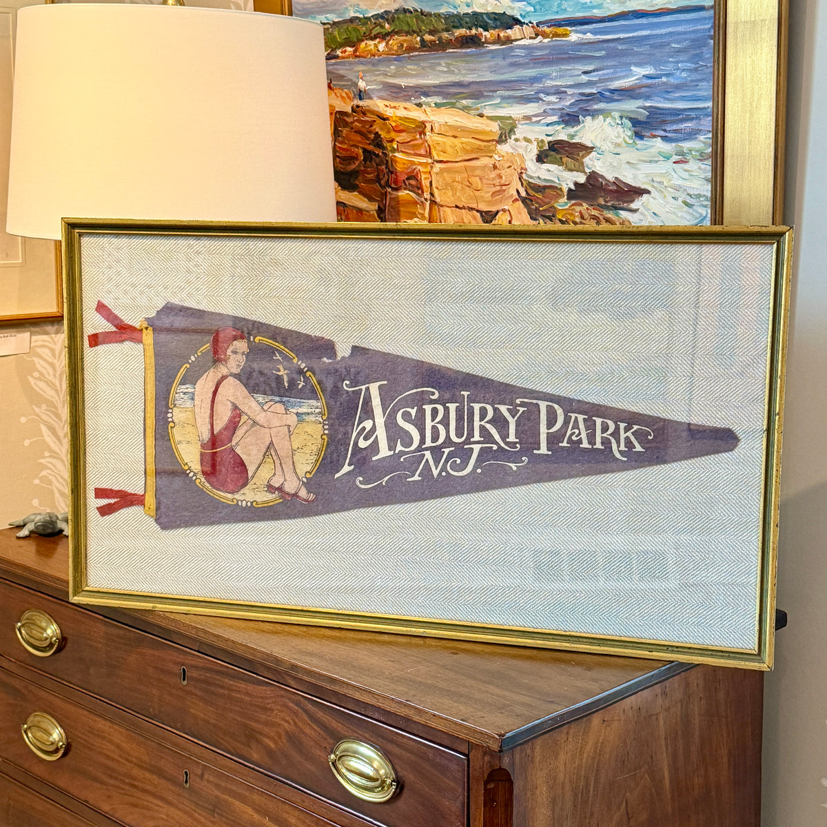Vintage Asbury Park NJ Swimmer Felt Pennant on Neutral Herringbone in Gold Frame