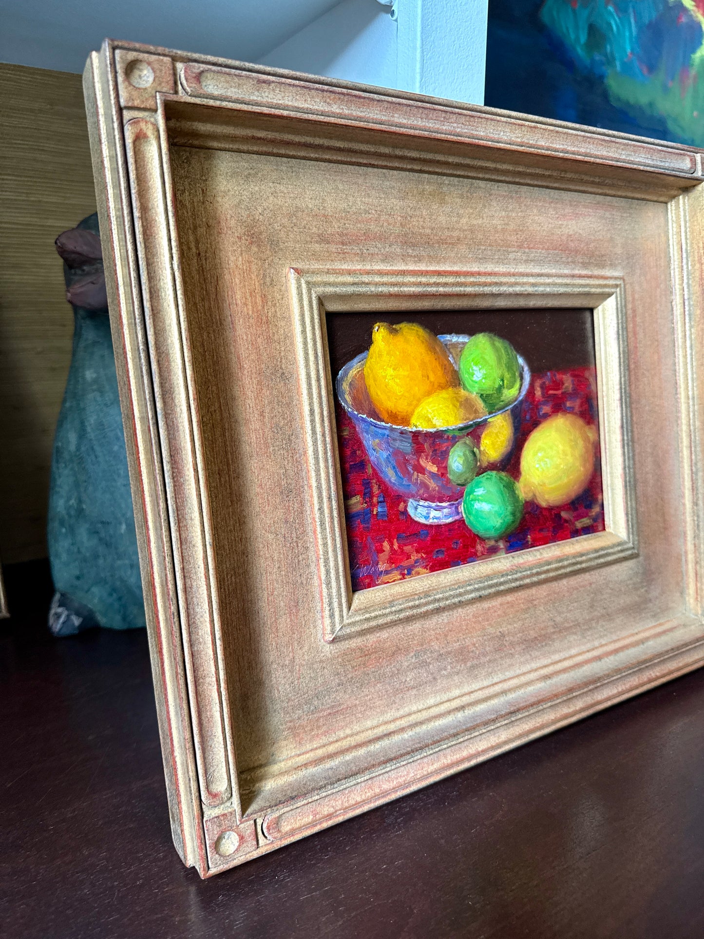 Lemons and Limes in Silver Bowl on Red Tablecloth Still Life Oil Painting in Gold Frame