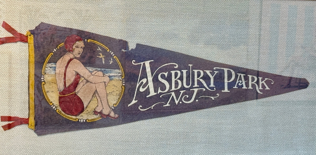 Vintage Asbury Park NJ Swimmer Felt Pennant on Neutral Herringbone in Gold Frame