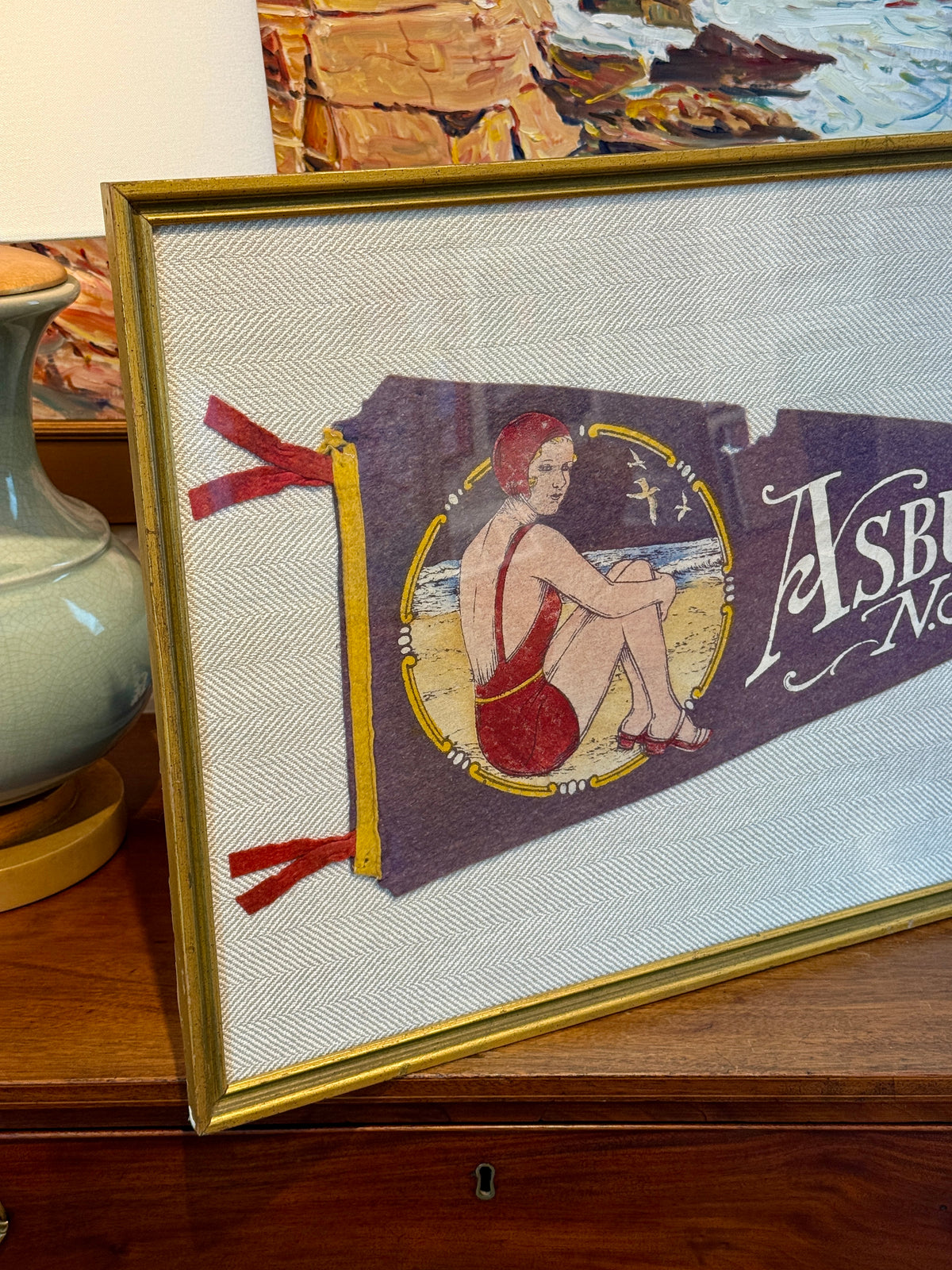 Vintage Asbury Park NJ Swimmer Felt Pennant on Neutral Herringbone in Gold Frame