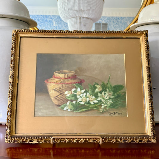 Ellen Frances Burpee Farr Early 20th Century Woven Basket Still Life Oil Painting in Antique Gold Frame