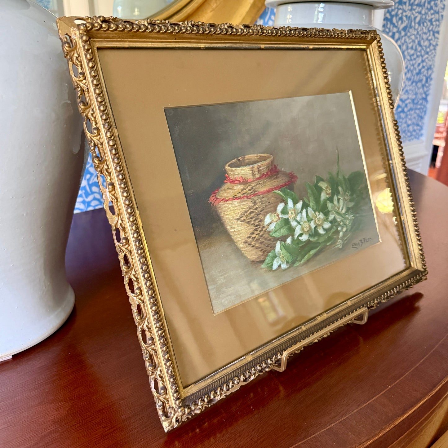 Ellen Frances Burpee Farr Early 20th Century Woven Basket Still Life Oil Painting in Antique Gold Frame