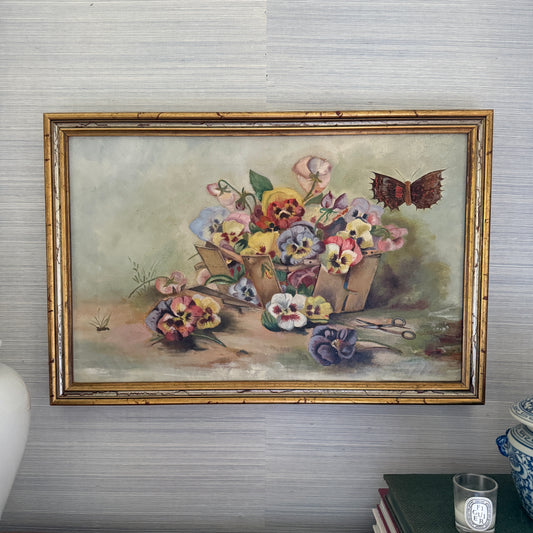 19th Century American Victorian Still Life Pansies in Berry Basket with Butterfly Oil Painting in Gold Frame