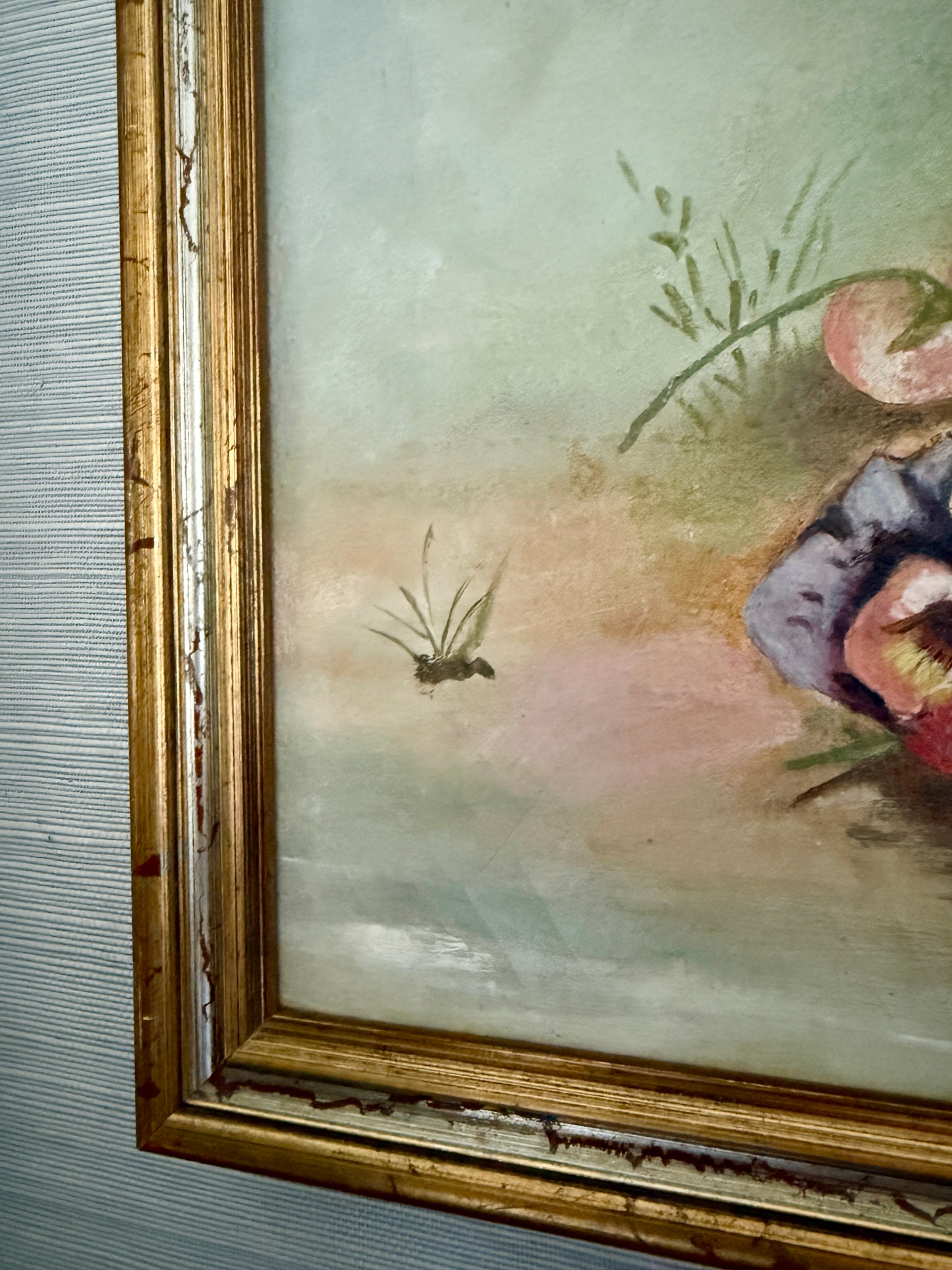 19th Century American Victorian Still Life Pansies in Berry Basket with Butterfly Oil Painting in Gold Frame