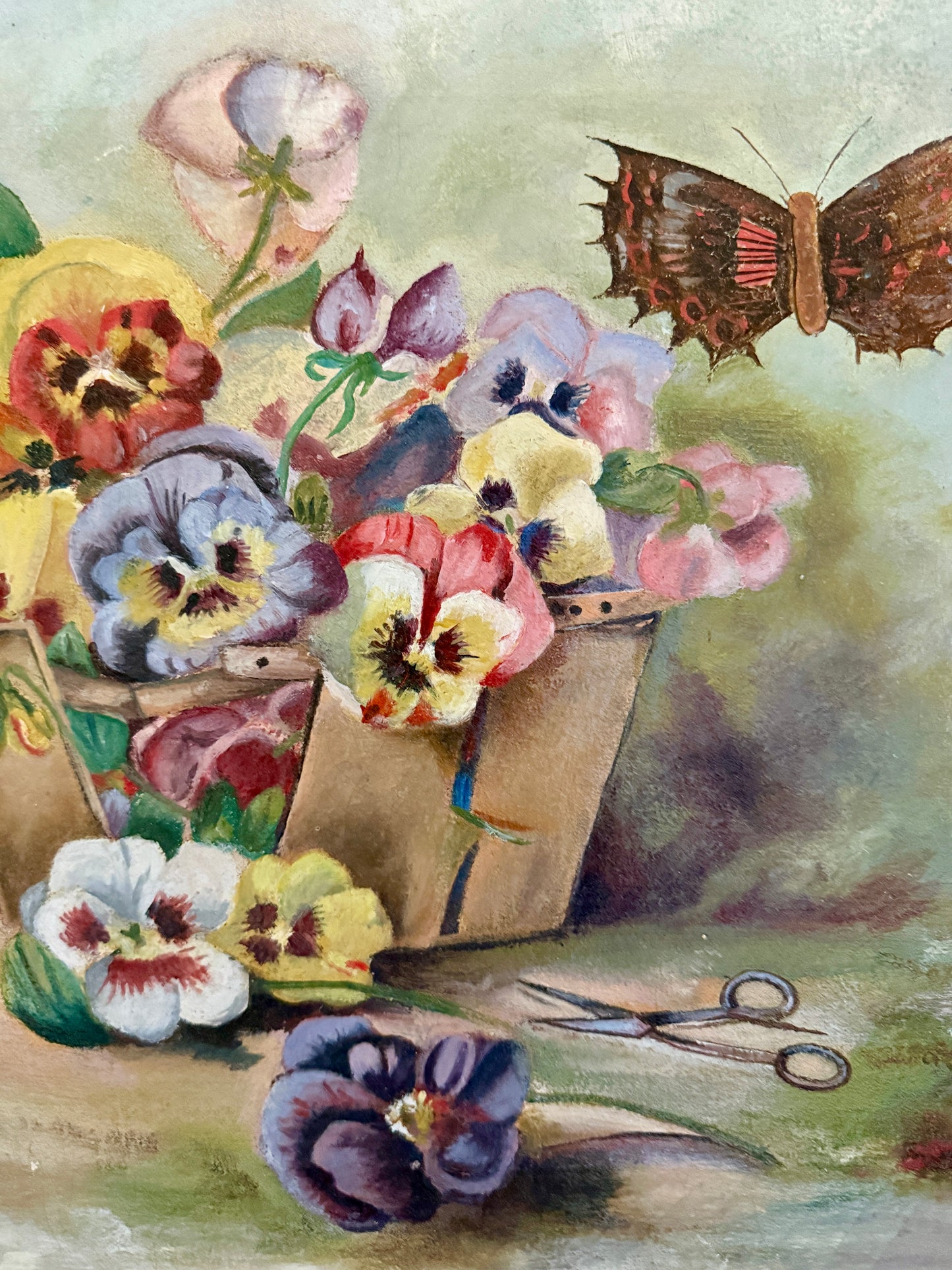 19th Century American Victorian Still Life Pansies in Berry Basket with Butterfly Oil Painting in Gold Frame