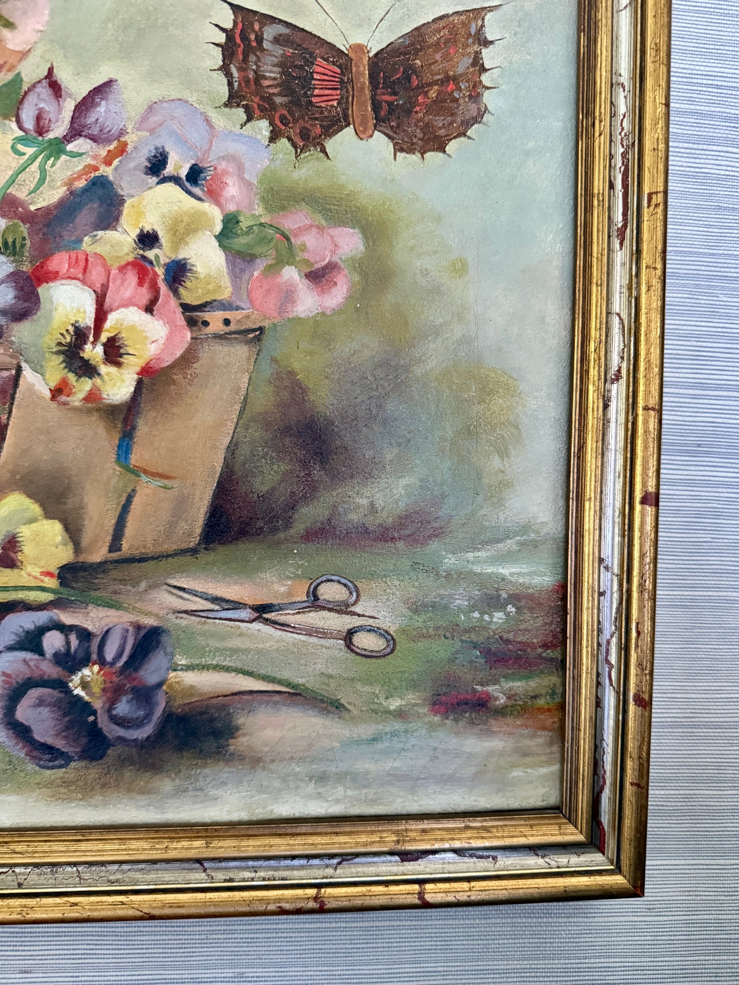 19th Century American Victorian Still Life Pansies in Berry Basket with Butterfly Oil Painting in Gold Frame