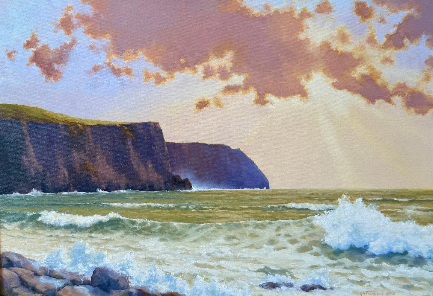 Anthony R. Thompson Cliffs of Moher Ireland Seascape Oil Painting in Gold Frame