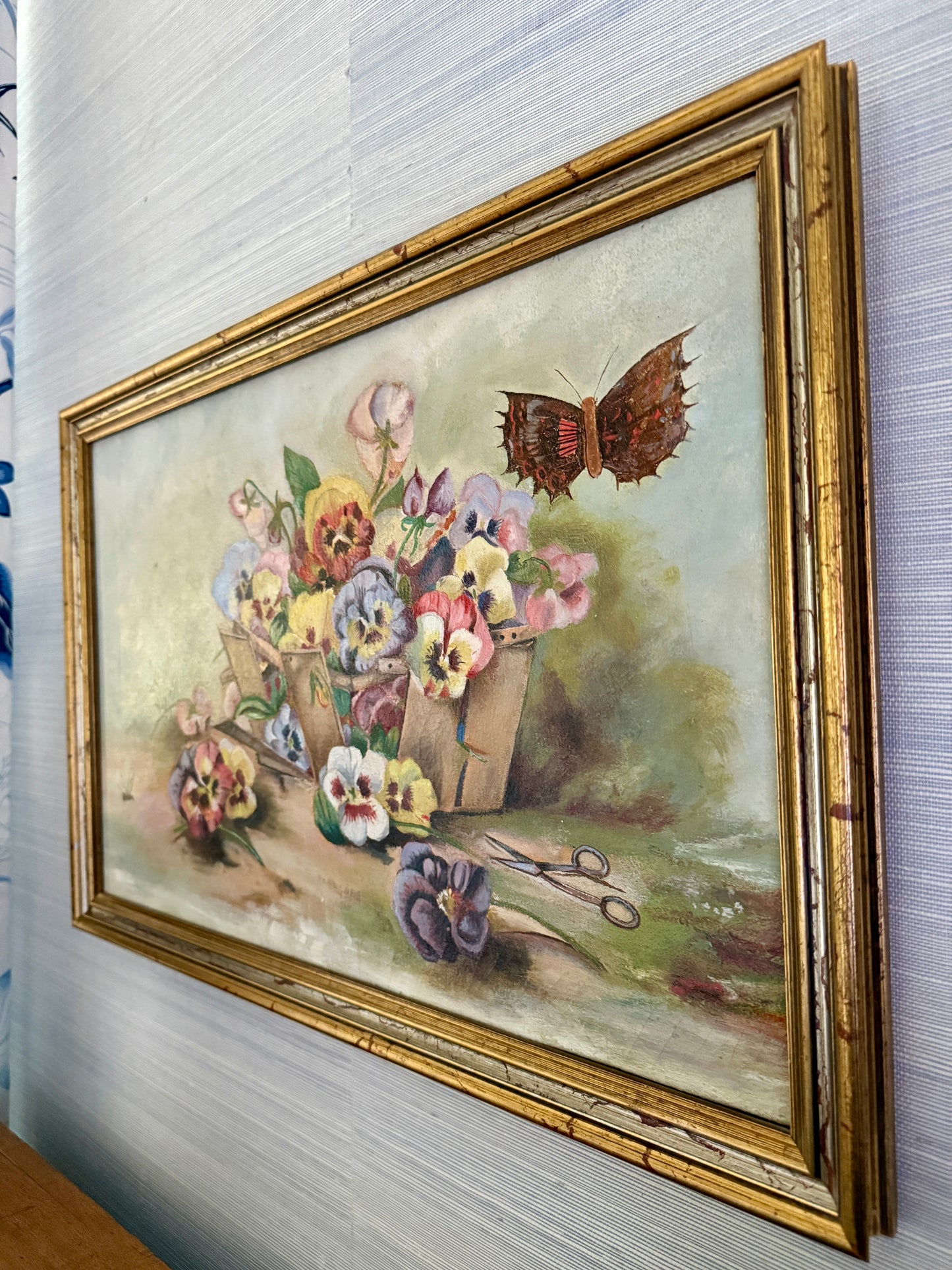 19th Century American Victorian Still Life Pansies in Berry Basket with Butterfly Oil Painting in Gold Frame