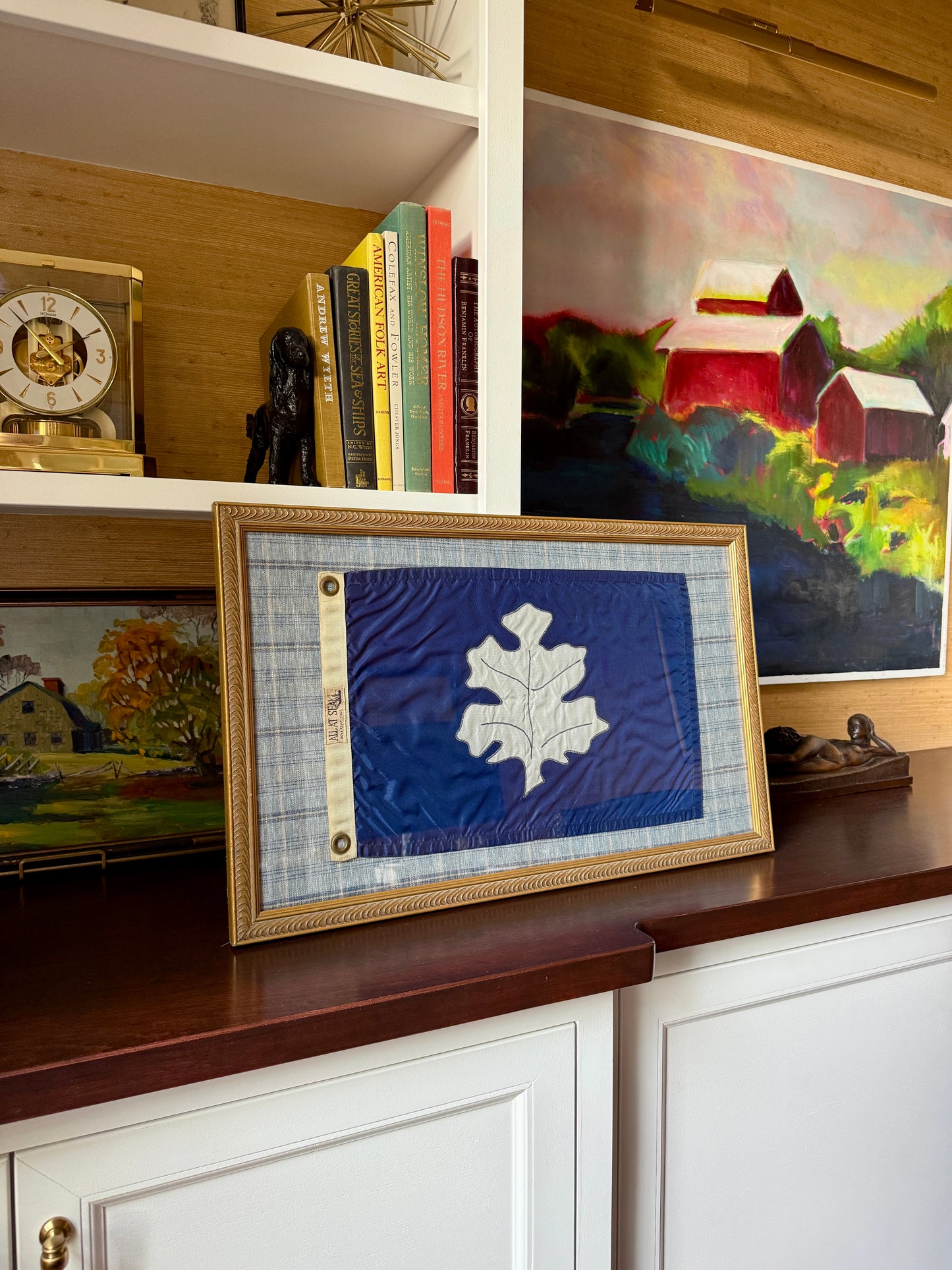 Yacht Club Oak Leaf Secretary Officer Flag on Soft Blue Plaid in Gold Frame