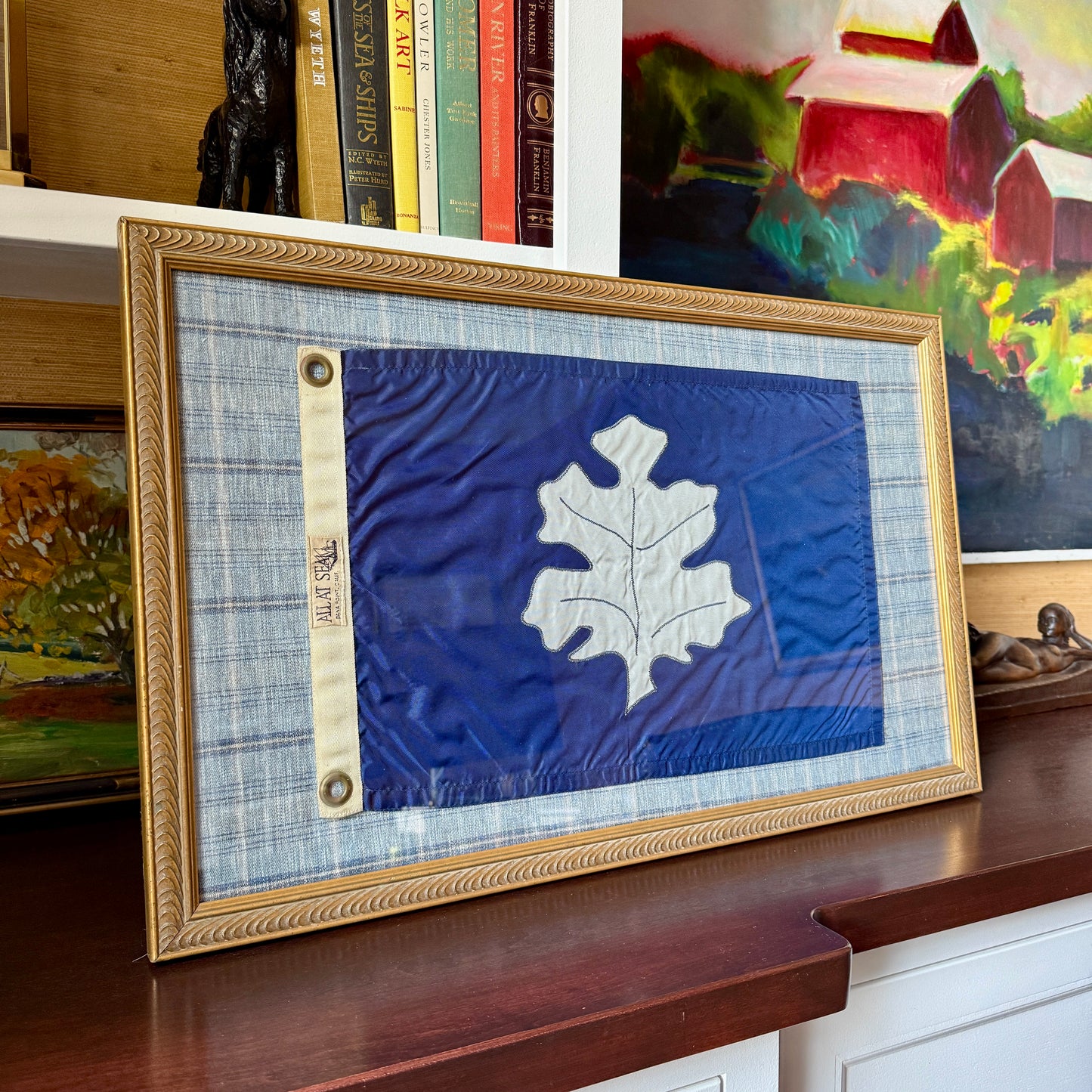Yacht Club Oak Leaf Secretary Officer Flag on Soft Blue Plaid in Gold Frame