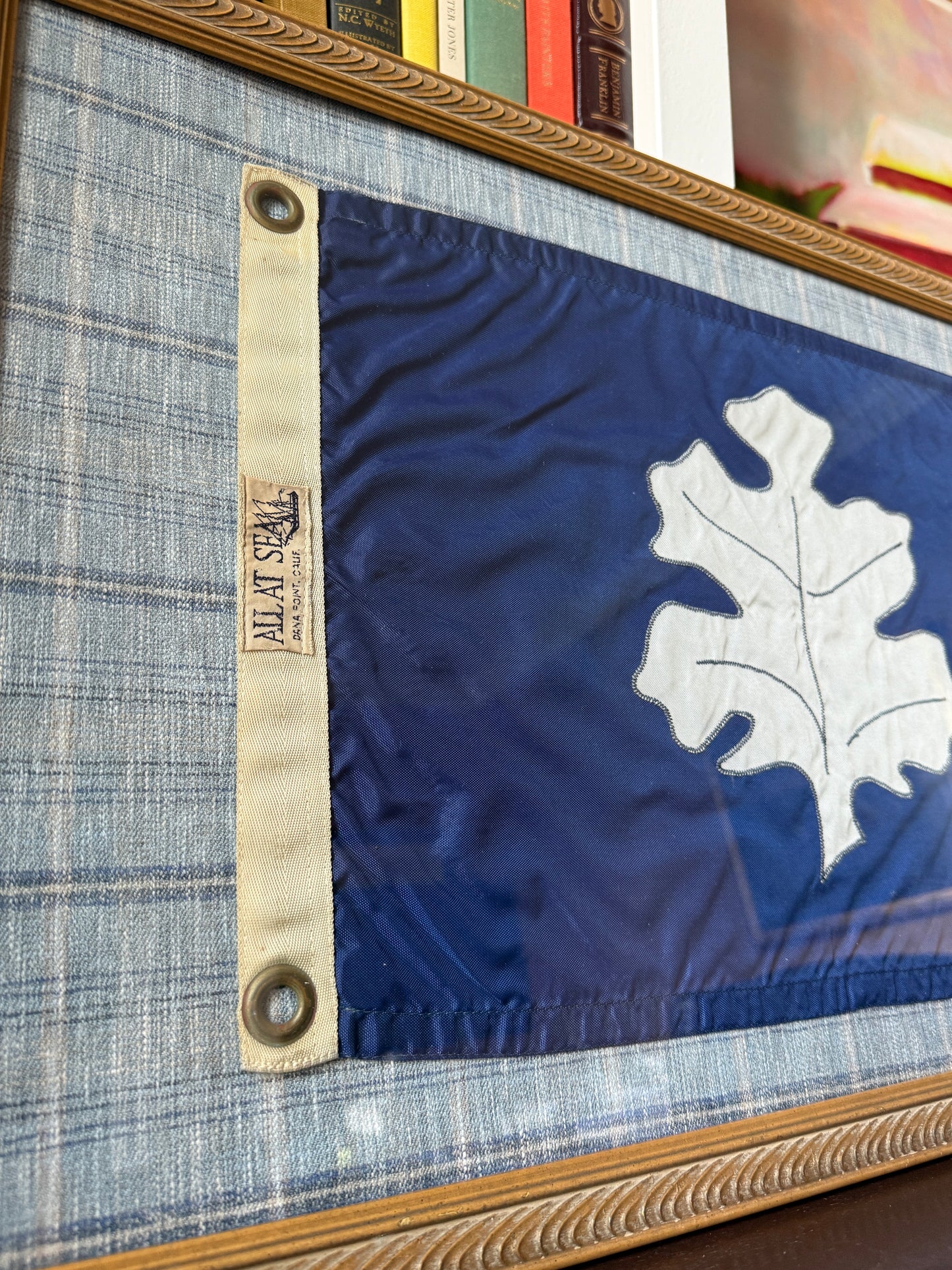 Yacht Club Oak Leaf Secretary Officer Flag on Soft Blue Plaid in Gold Frame