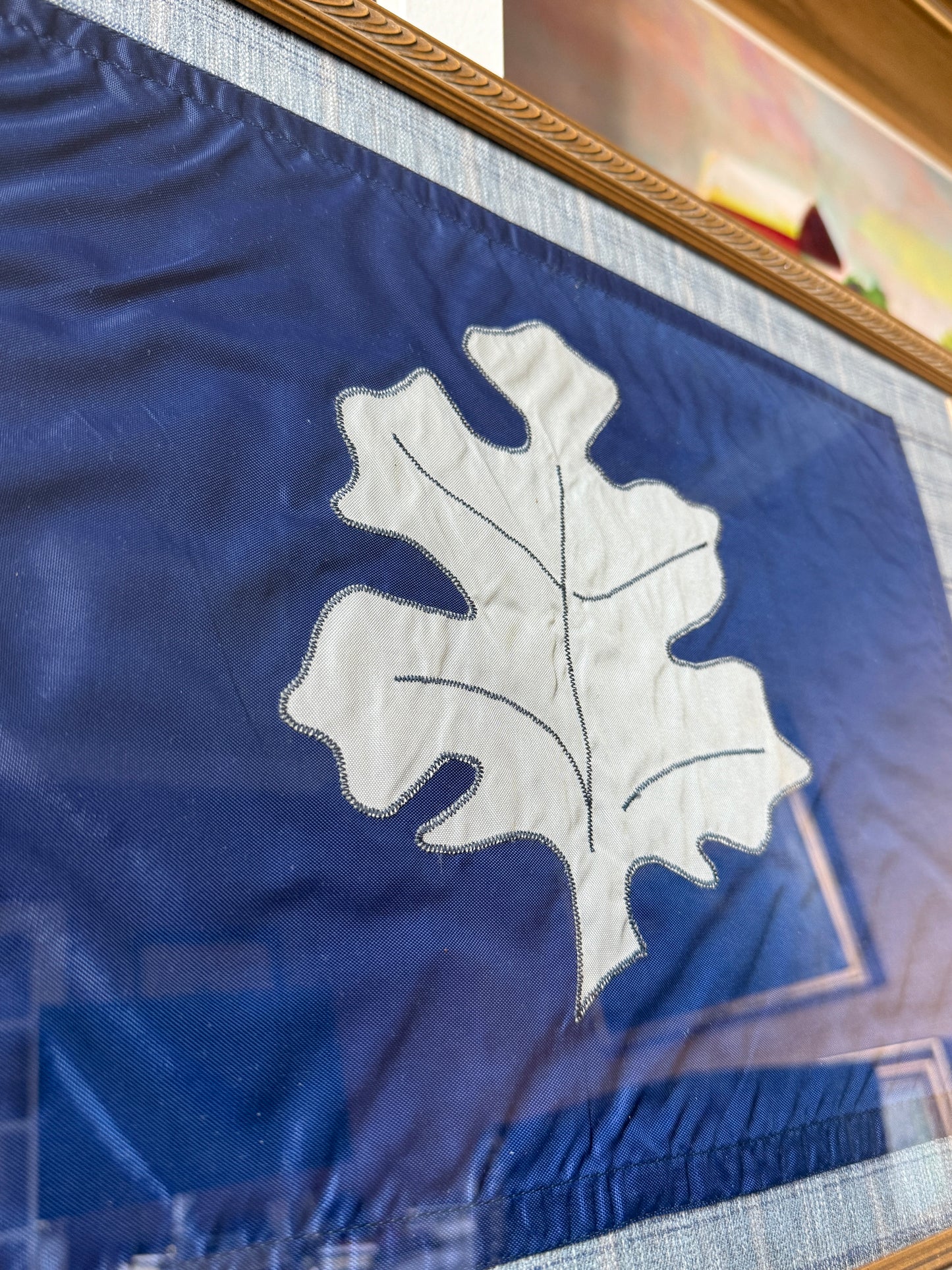 Yacht Club Oak Leaf Secretary Officer Flag on Soft Blue Plaid in Gold Frame