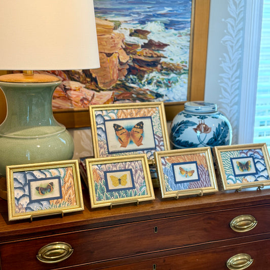 Set of Five Antique Butterfly Silks on Vintage Floral Fabric in Gold Frames