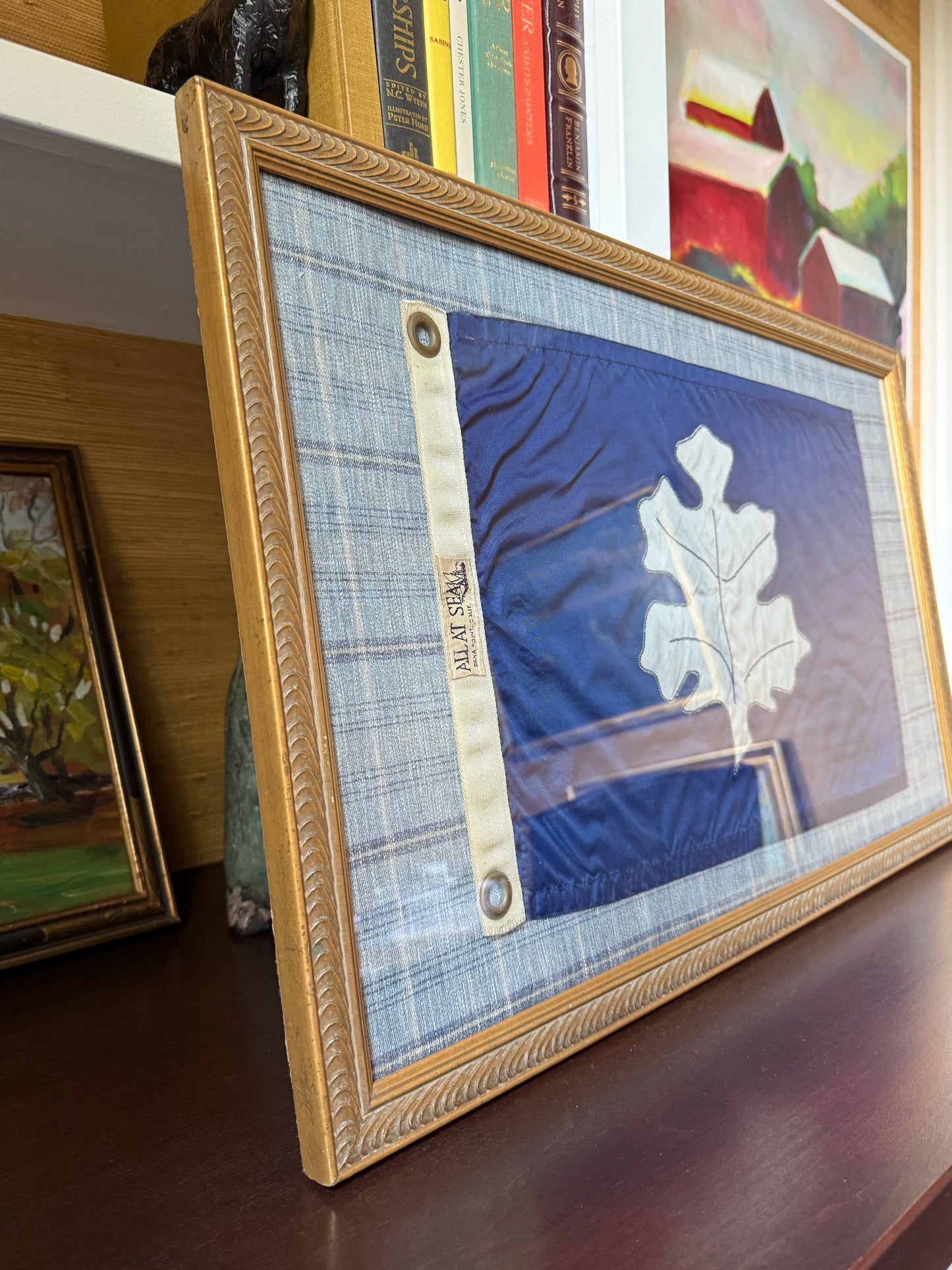 Yacht Club Oak Leaf Secretary Officer Flag on Soft Blue Plaid in Gold Frame