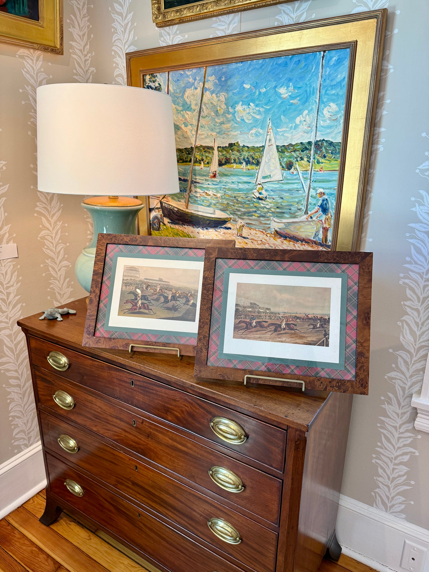 Pair of 19th Century 1839 Steeplechase Aquatint on Ralph Lauren Red Green Tartan Plaid in Burlwood Frames