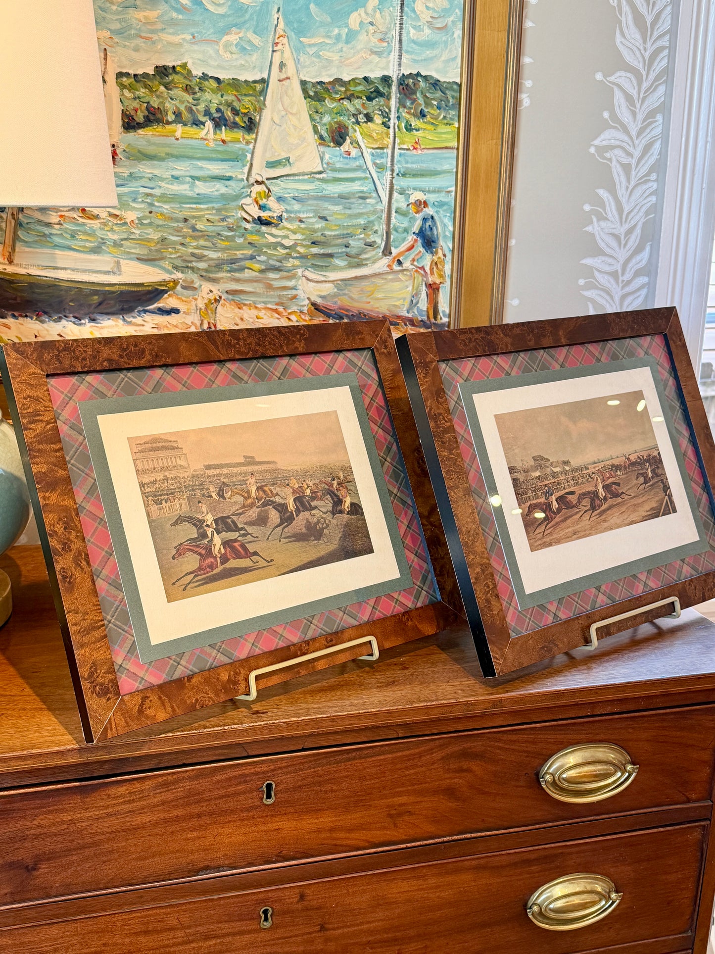 Pair of 19th Century 1839 Steeplechase Aquatint on Ralph Lauren Red Green Tartan Plaid in Burlwood Frames