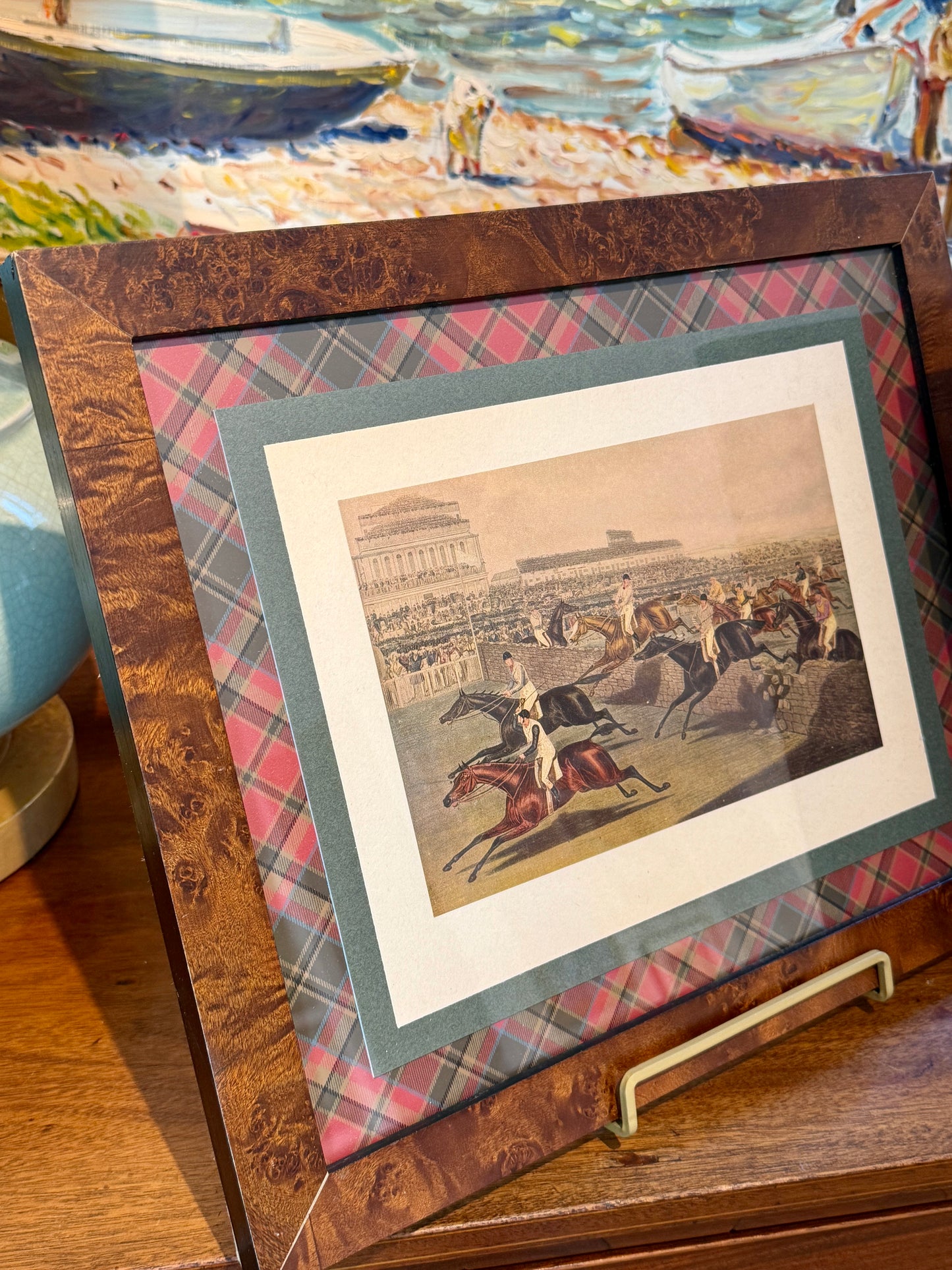 Pair of 19th Century 1839 Steeplechase Aquatint on Ralph Lauren Red Green Tartan Plaid in Burlwood Frames