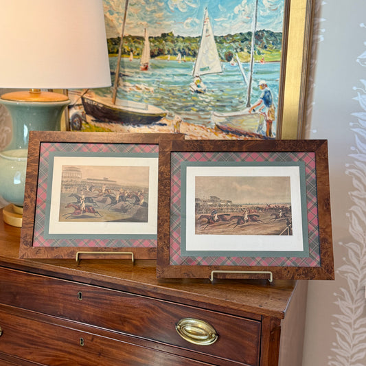 Pair of 19th Century 1839 Steeplechase Aquatint on Ralph Lauren Red Green Tartan Plaid in Burlwood Frames