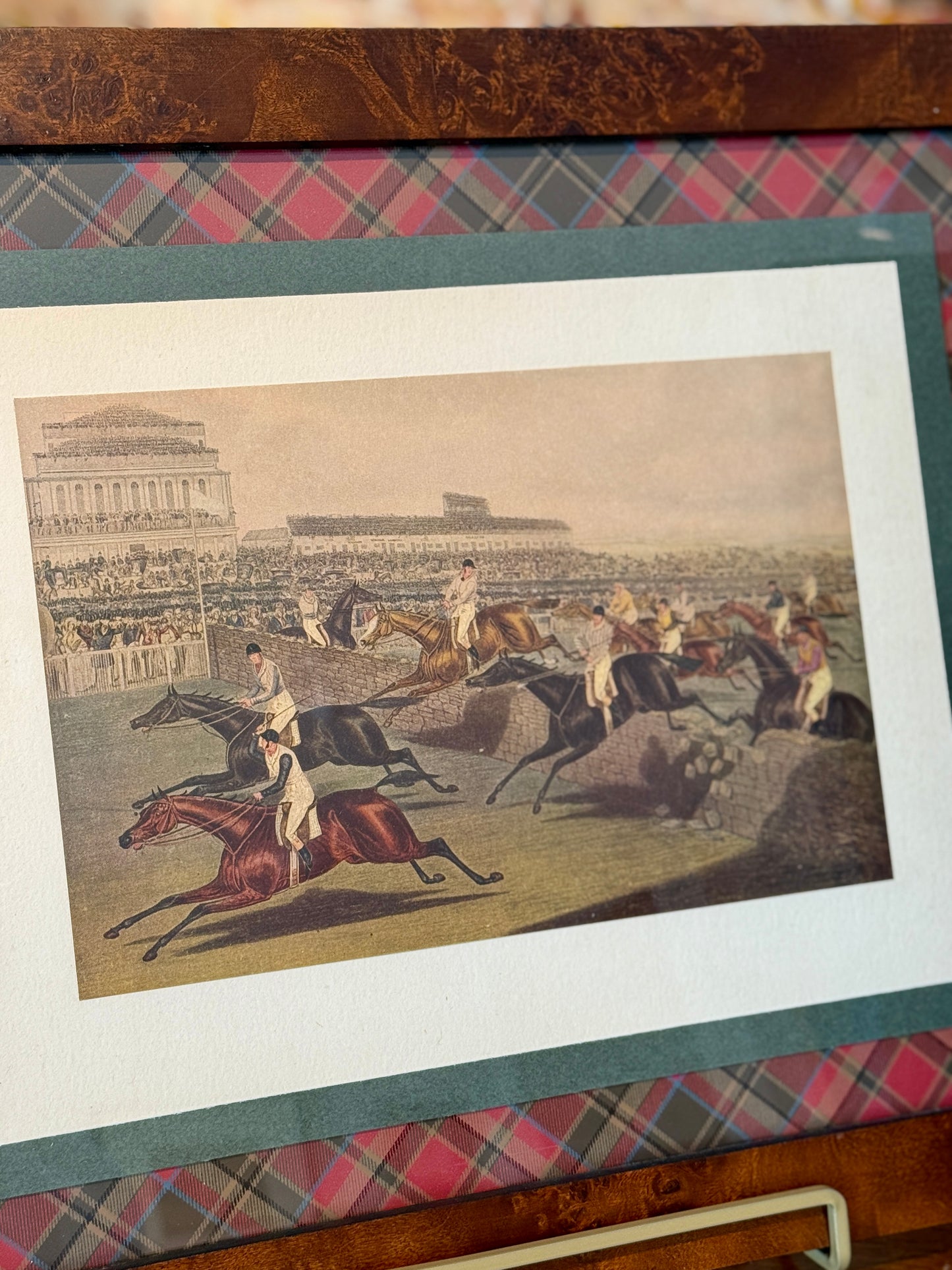 Pair of 19th Century 1839 Steeplechase Aquatint on Ralph Lauren Red Green Tartan Plaid in Burlwood Frames