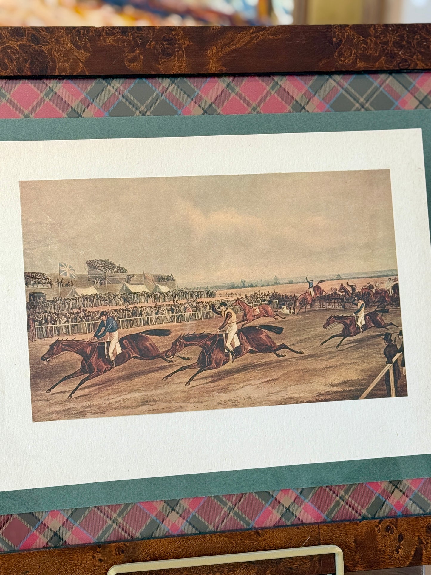 Pair of 19th Century 1839 Steeplechase Aquatint on Ralph Lauren Red Green Tartan Plaid in Burlwood Frames