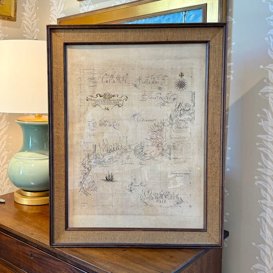 Antique Sailing Chart of New England Engraving by Pease in Custom Wood Frame
