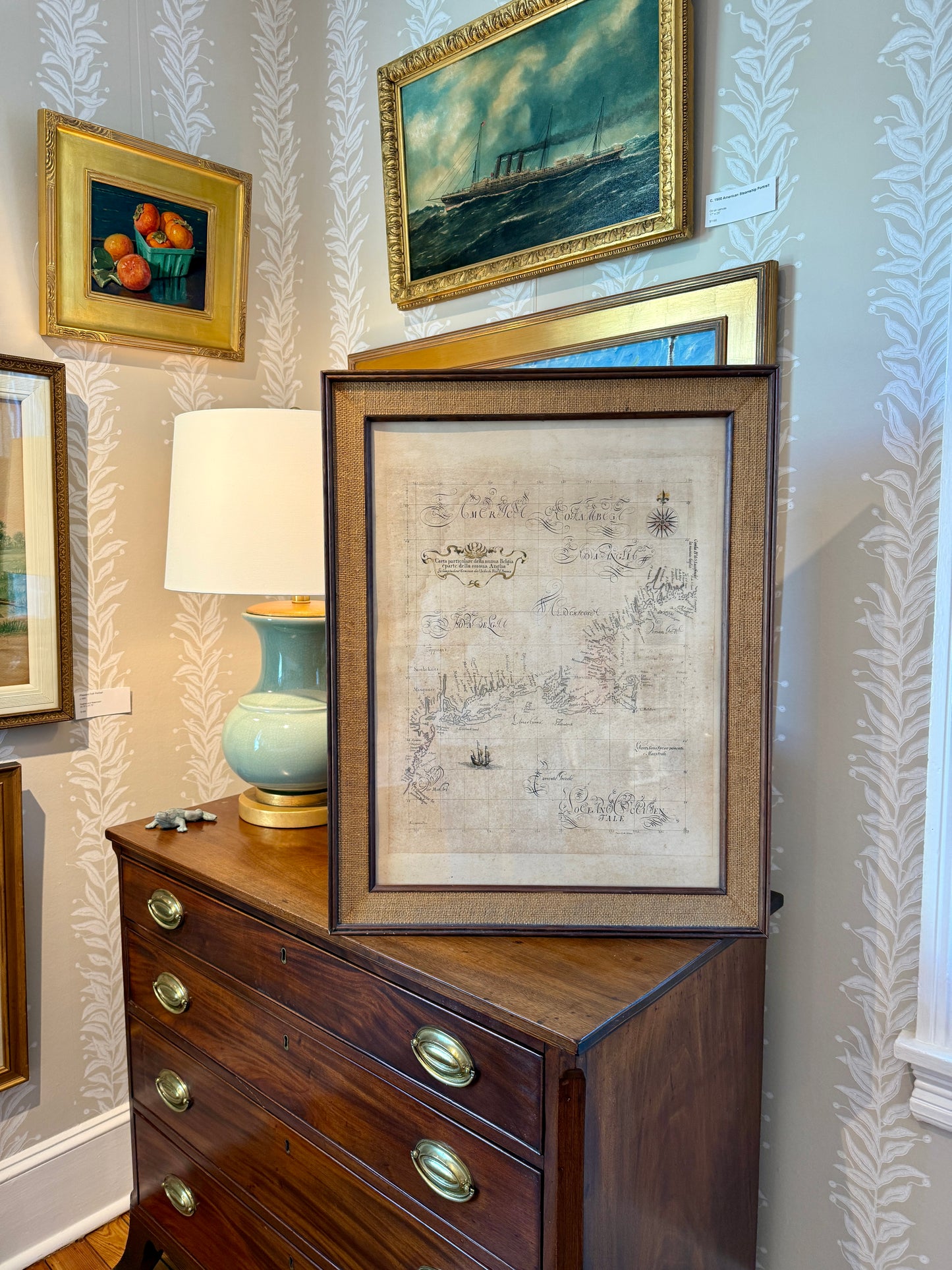 Antique Sailing Chart of New England Engraving by Pease in Custom Wood Frame