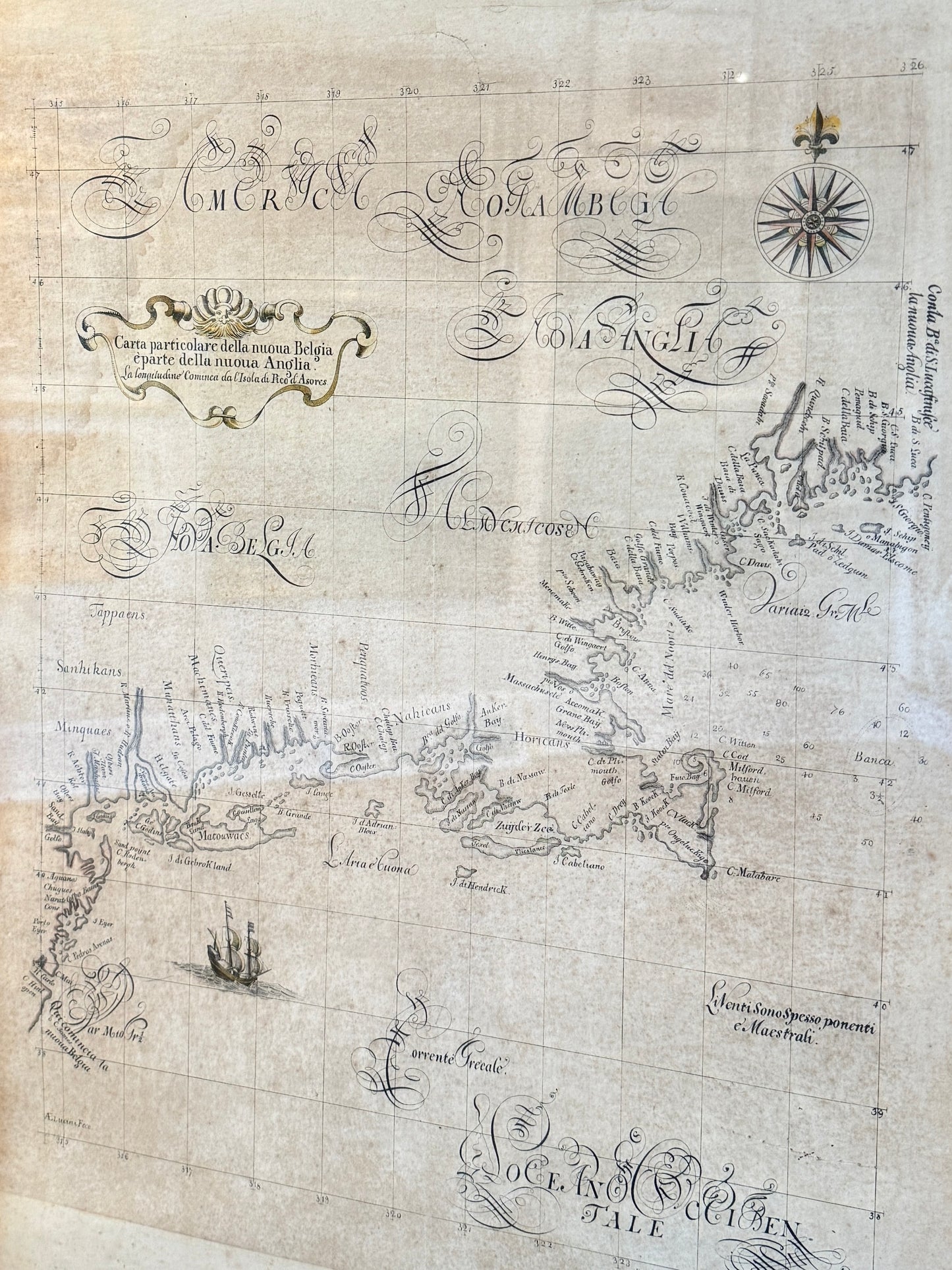 Antique Sailing Chart of New England Engraving by Pease in Custom Wood Frame