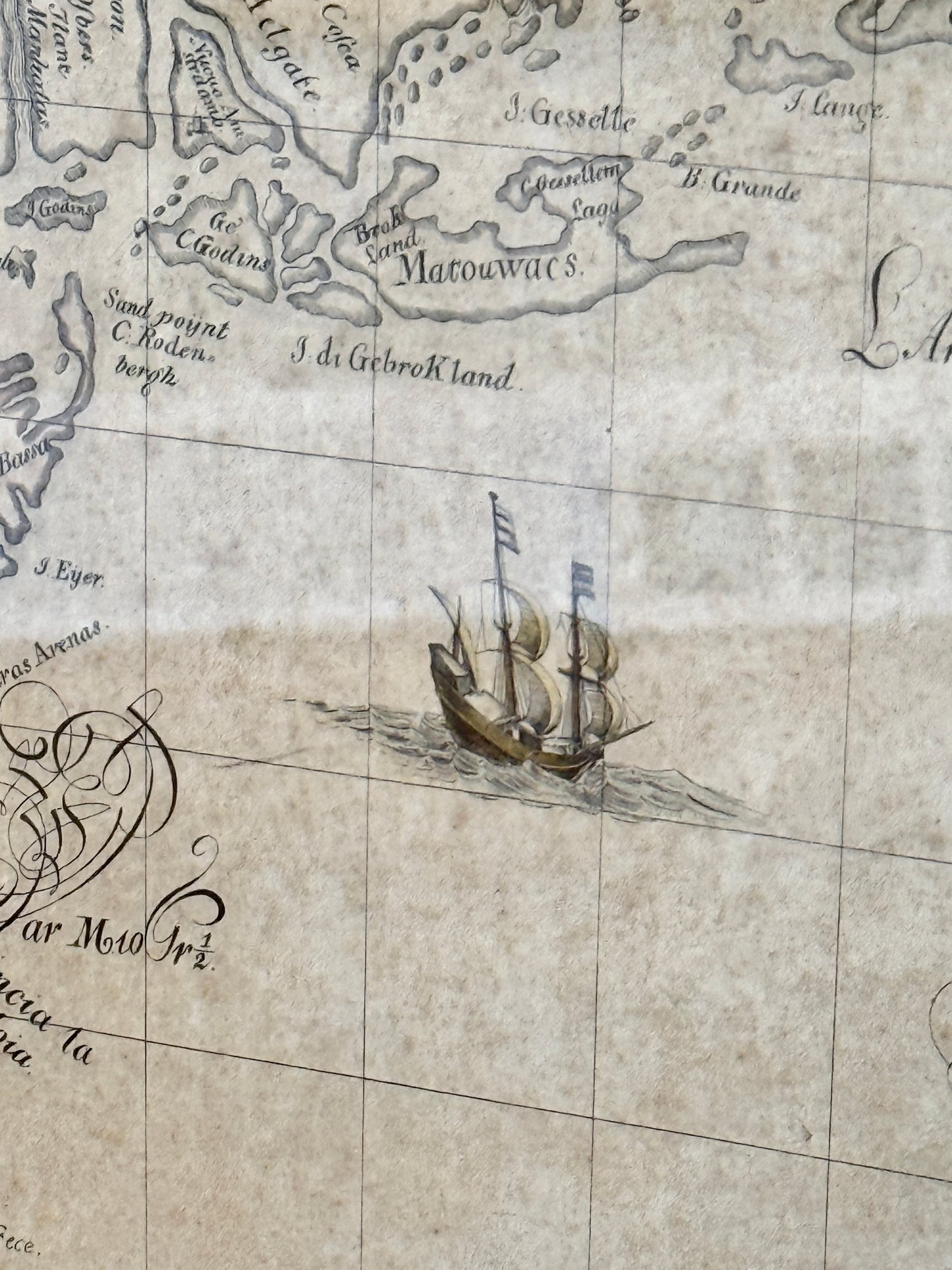 Antique Sailing Chart of New England Engraving by Pease in Custom Wood Frame