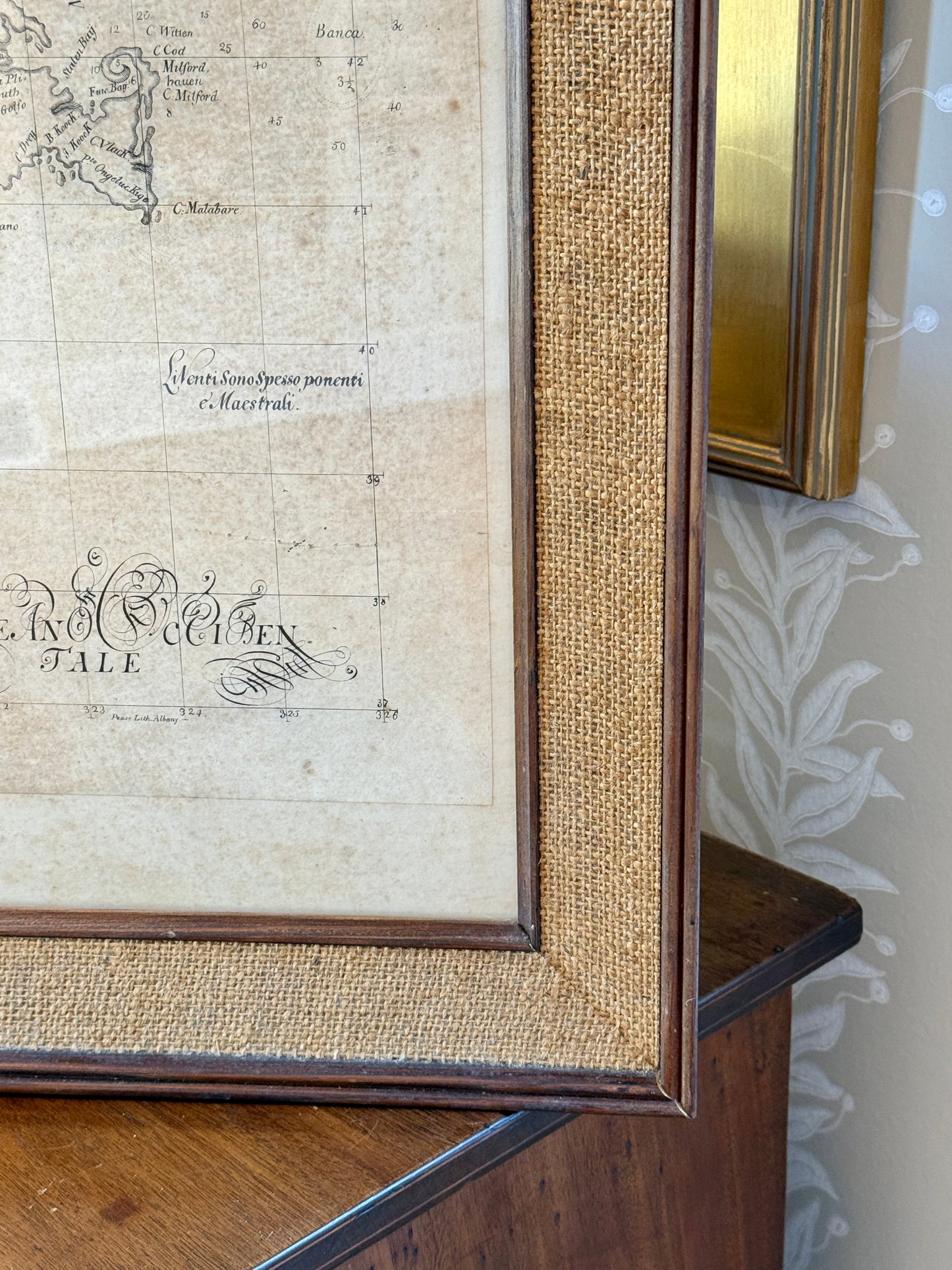 Antique Sailing Chart of New England Engraving by Pease in Custom Wood Frame