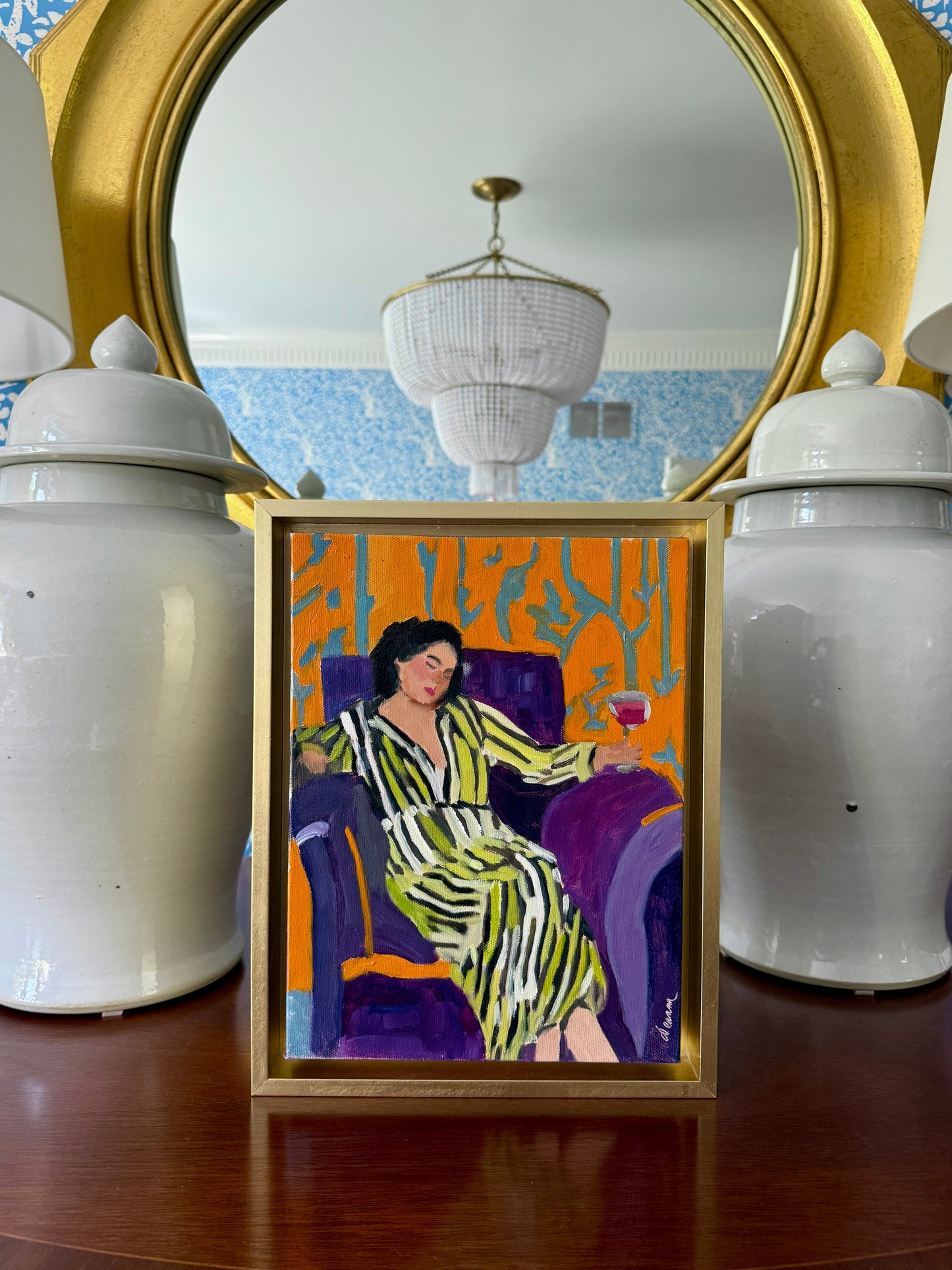 Quiet Indulgence Contemporary Female Portrait in the Manner of Matisse Painting in Gold Frame