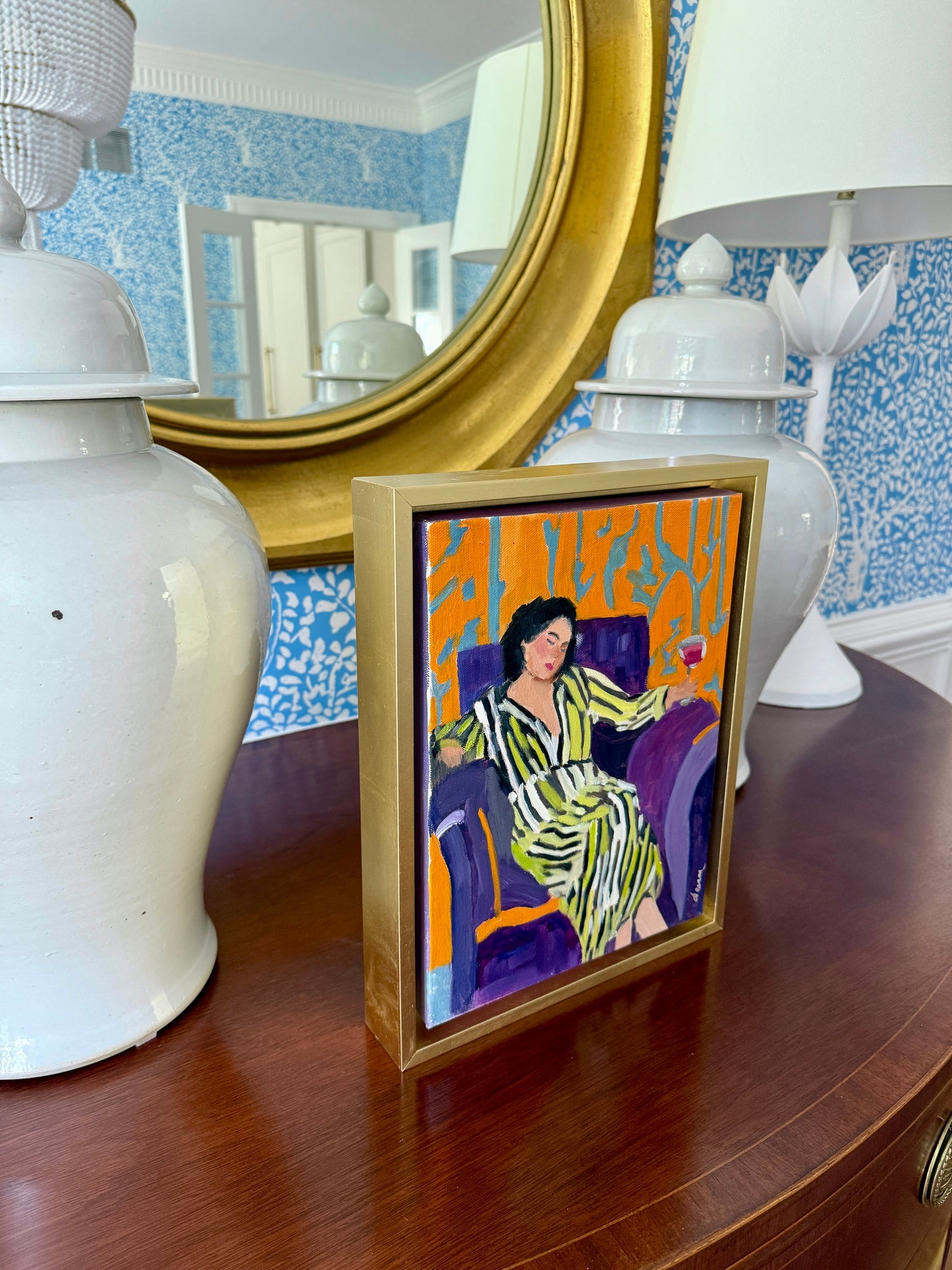 Quiet Indulgence Contemporary Female Portrait in the Manner of Matisse Painting in Gold Frame