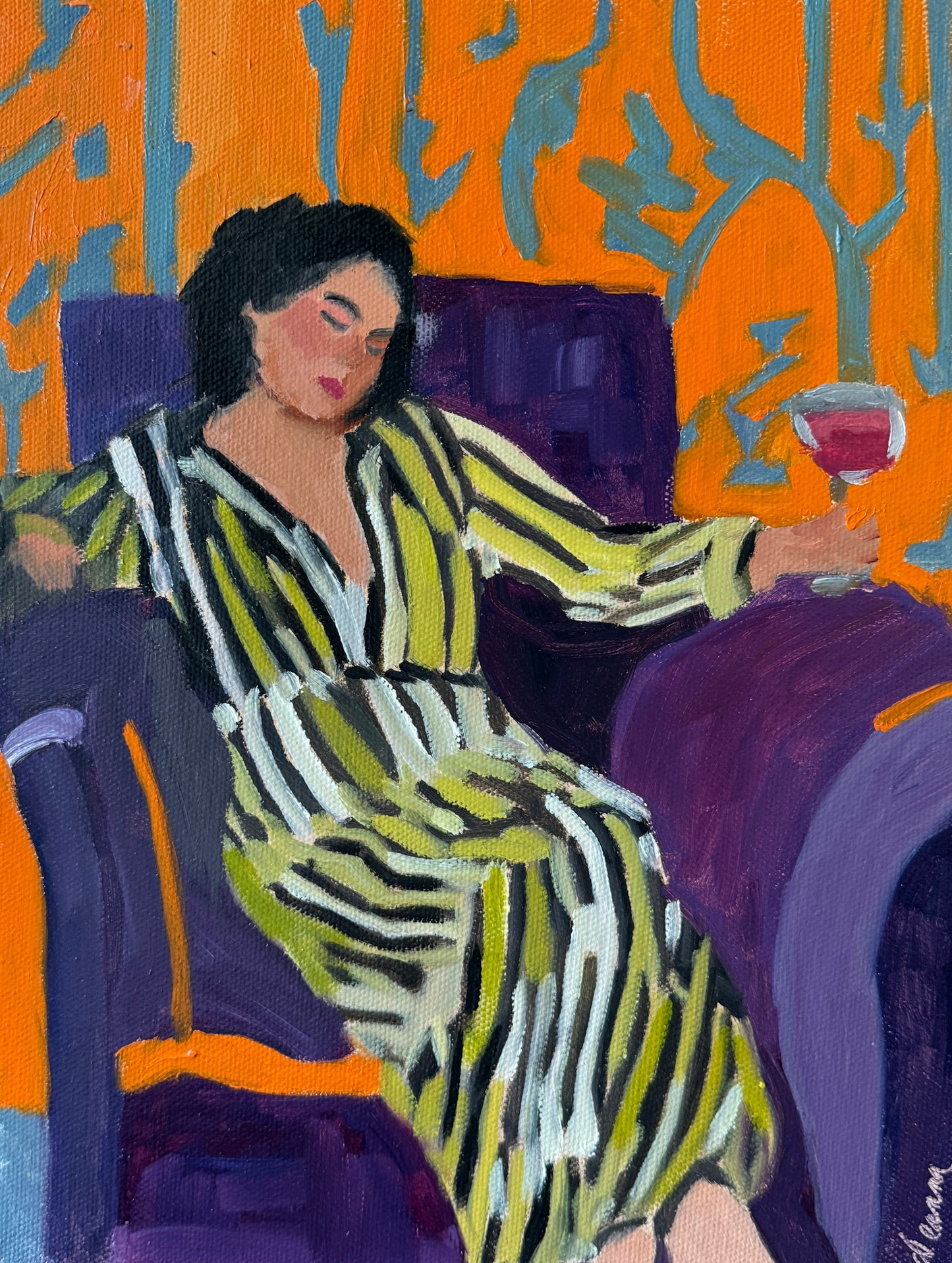 Quiet Indulgence Contemporary Female Portrait in the Manner of Matisse Painting in Gold Frame
