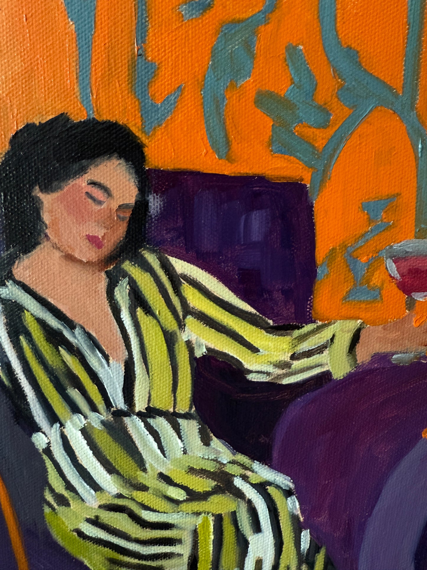 Quiet Indulgence Contemporary Female Portrait in the Manner of Matisse Painting in Gold Frame