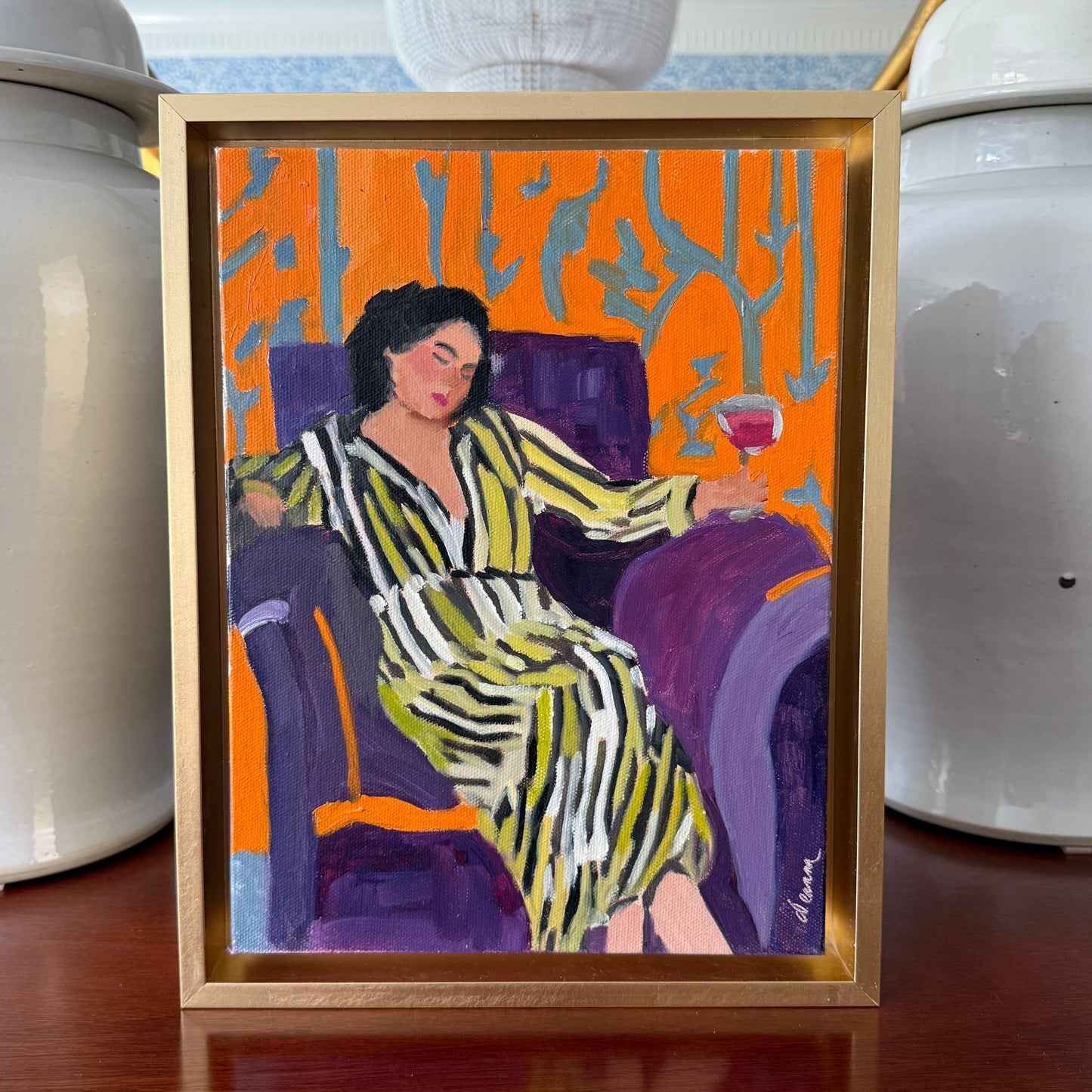 Quiet Indulgence Contemporary Female Portrait in the Manner of Matisse Painting in Gold Frame