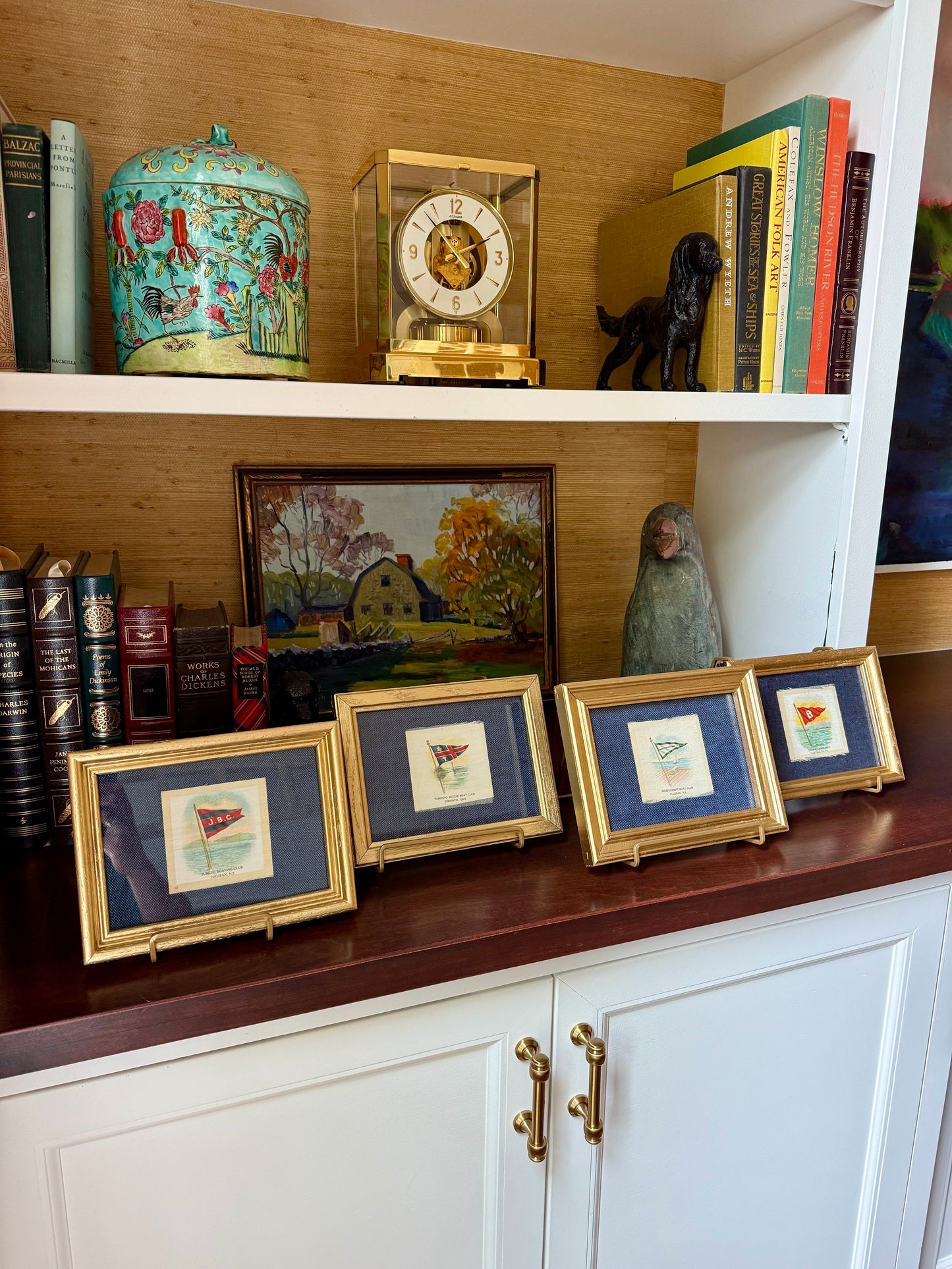 Set of 4 Antique Yacht Boating Club Silks on Navy Linen in Gold Frames (Set I)
