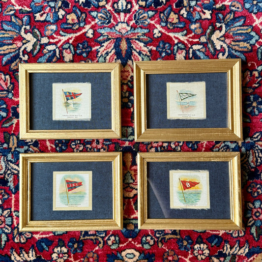 Set of 4 Antique Yacht Boating Club Silks on Navy Linen in Gold Frames (Set I)