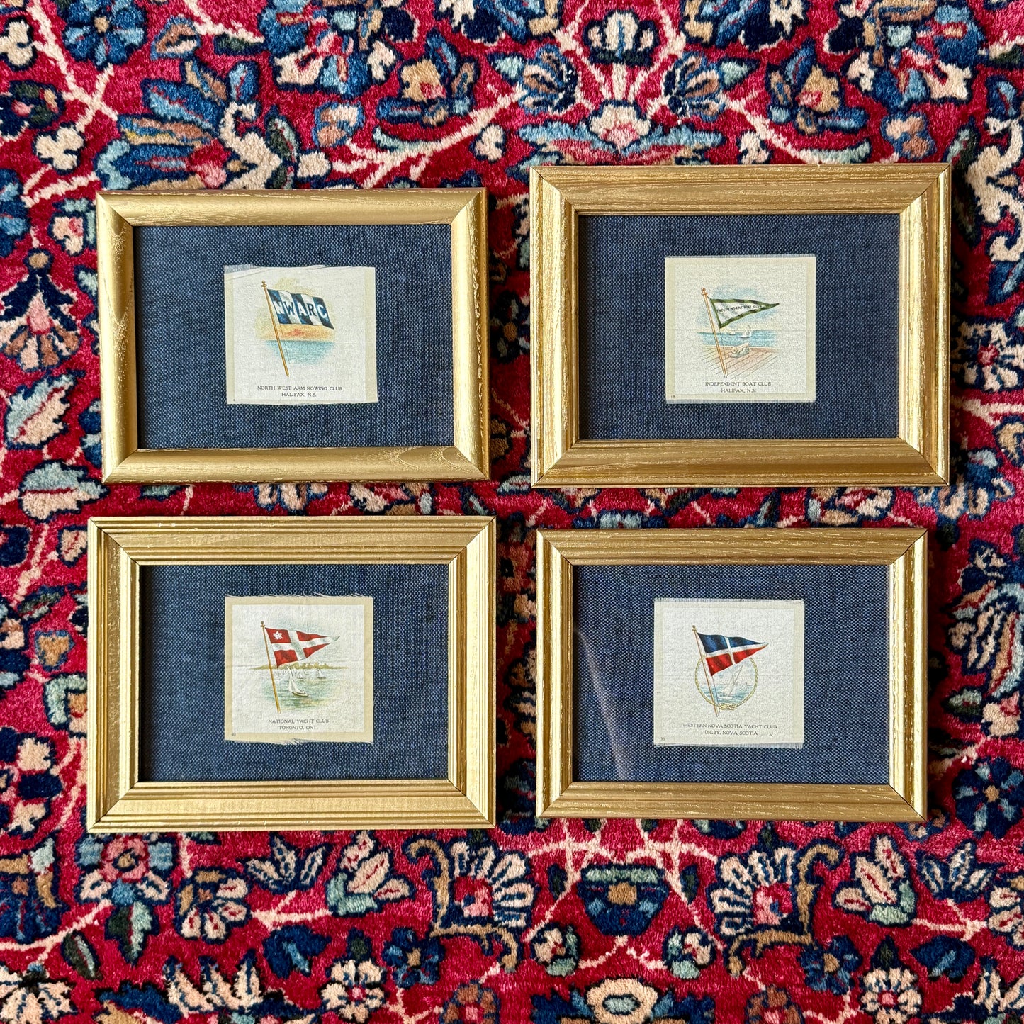 Set of 4 Antique Yacht Boating Club Silks on Navy Linen in Gold Frames (Set J)