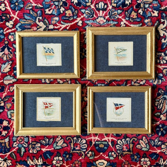 Set of 4 Antique Yacht Boating Club Silks on Navy Linen in Gold Frames (Set J)