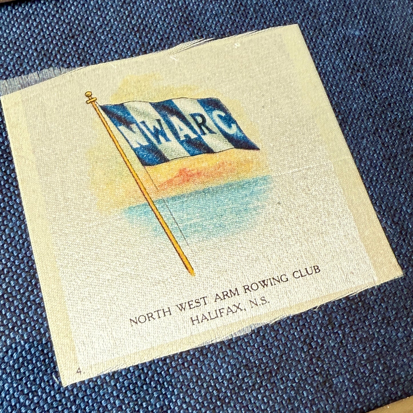 Set of 4 Antique Yacht Boating Club Silks on Navy Linen in Gold Frames (Set J)